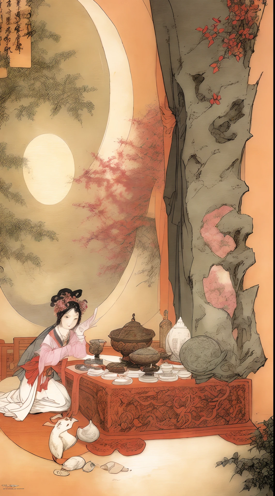 Masterpiece, Best quality,(full bodyesbian:1.3), Solo,chinese paintings,Beautiful face and eyes details of a Chinese girl, Perfect skin,make happy expressions,Gorgeous,Pure,light make-up,Jade jewelry,hair adornments,Hair Band,moon full,incense burner table,Moon cake,censer,Rabbit in the moon,Green smoke,view the viewer, Colorful,sharp and clear focus,instagram most viewed, Concept artist, Depth of field,flower,Bush