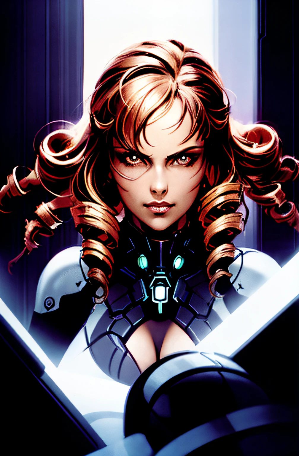 Futuristic portrait of a usa businesswoman with drill hair, regal ringlets, corkscrew curls, sci-fi, tech wear, glowing lights, direct gaze, symmetry, depth of field, intricate, elegant, highly detailed, digital painting, artstation, concept art, smooth, sharp focus, illustration, art by Greg Rutkowski, and Borris Vallejo