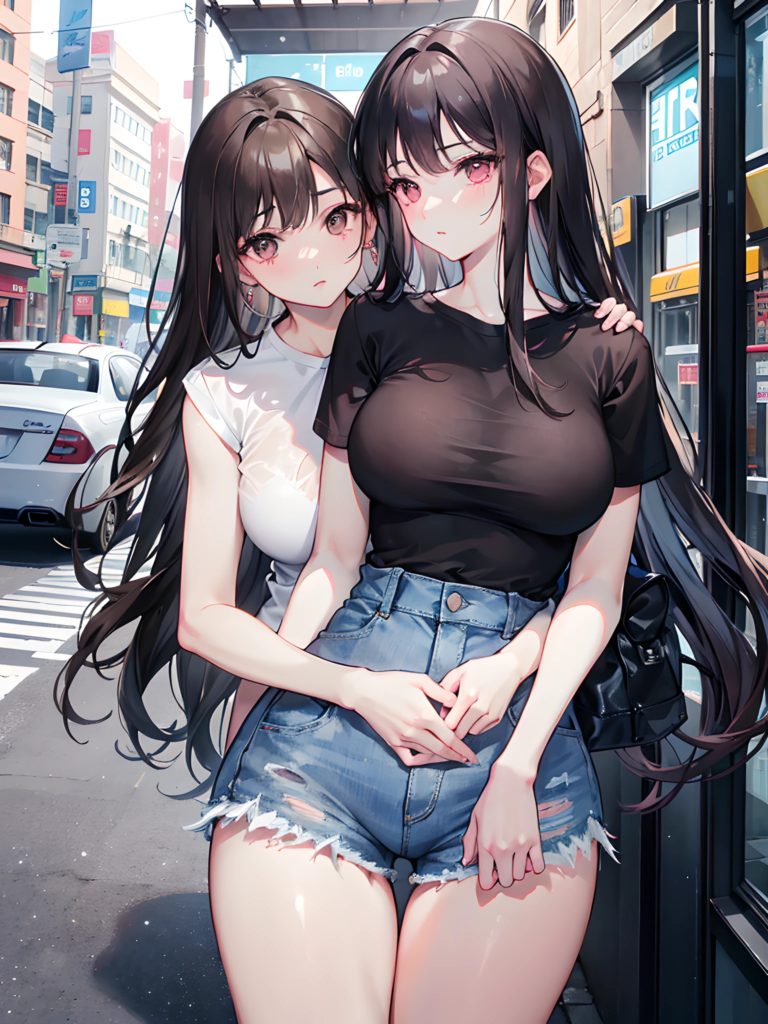 1 Asian woman, long wavy dark brown hair, gray eyes, beauty mark on her left cheek, fair skin, full pink lips, slim curvy body, wearing plain white dress shirt, denim shorts, 1 Mexican man, textured men's hair cut and low drop fade, dark brown striking eyes, beauty mark under his right eye, very light tan skin, athletic muscular lean body, wearing plain black shirt, denim jeans, city, absurdres, high res, ultrasharp, 8k, masterpiece, looking into each others eyes while in a loving embrace