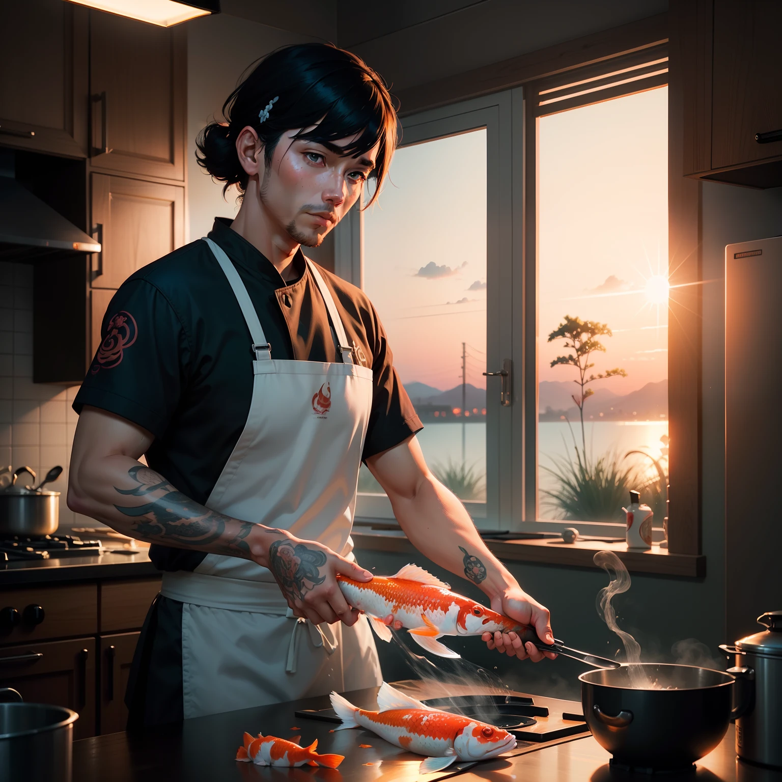 chef, cooking a koi fish, kitchen, trending on Artstation, illustration by James Jean, Ilya Kuvshinov, Loish Van Baarle, sunset, dramatic lighting, sharp, detailed