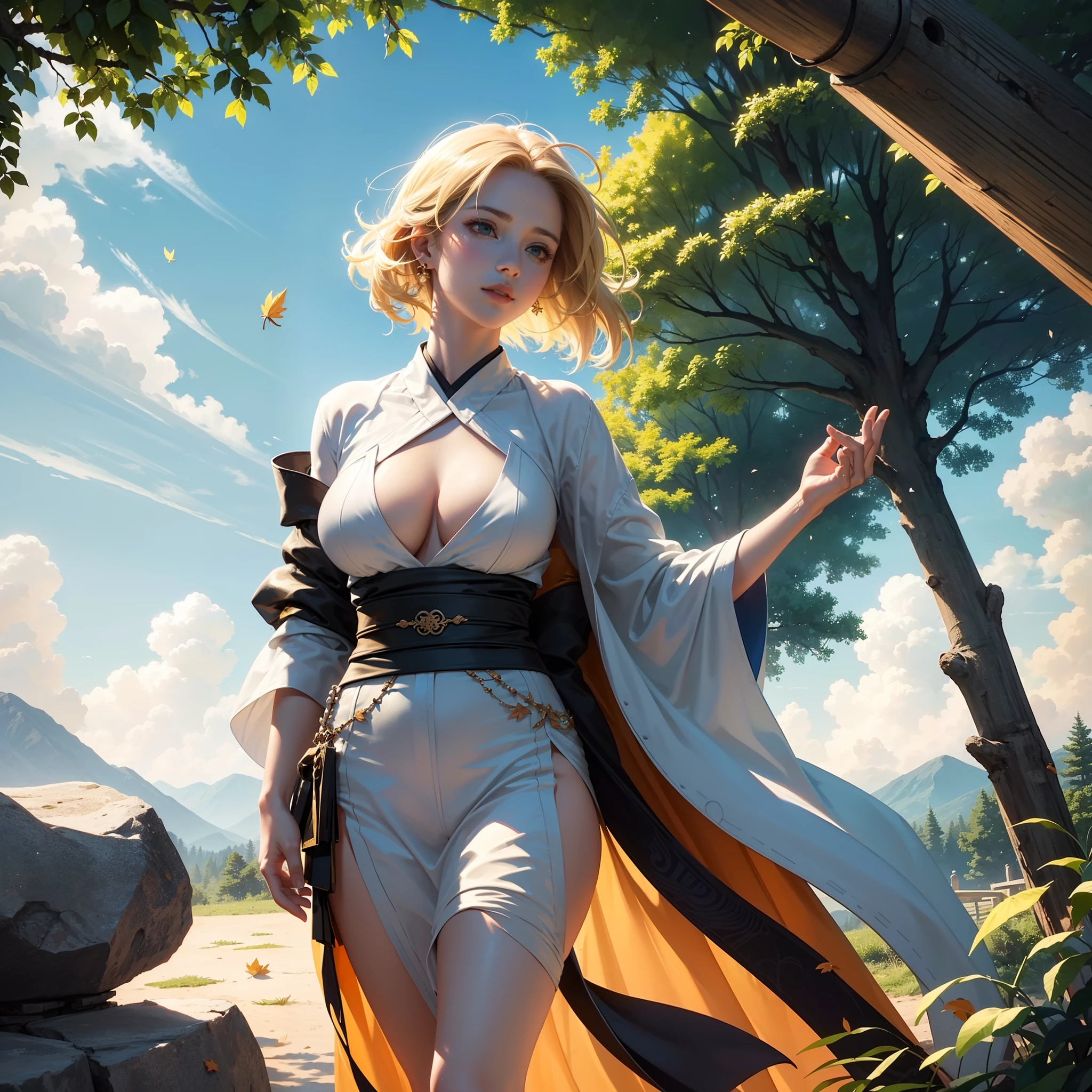 Tsunade, tsunade_senju, Gentle woman, beautiful fingers, Beautiful bright eyes, delicate hands, impossible clothes, tight shirt, thights, sweet, (better lighting, anextremelydelicateandbeautiful), (exclusive, Best Aesthetic, new, newest, extremely detialed, the anime: 1.2), intricate_detail, official arts, finely detailed beautiful face, over exposure, a 1girl, 独奏, Huge-breasts, kimono, décolleté, ssmile, (Depth of field), body complet, (yellow hair strokes: 1,4), lips, (tmasterpiece), (beste-Qualit), (ultradetailed), Clear Focus, detailized face, ((perfect anatomy)), hairlong, (The hand + The hand + 1_thumb), Five fingers each, perfect arms, (better shadow), High-resolution illustration, 8k, dark intense shadows, hight resolution, (beautifull detailed face), ((high contrast)), ((cinematiclight)), high quality anime, anime art style, perfect lighting, (intricate detials), Colorful, hyper-detailing, dinamic angle, The light around the character, Particles, (Behaviour: Relaxed, Carefree, freedom-loving), open sky, (high detailed background: 1.0), soft-lighting, (Very detailed background: 1.0), ((Landscape with beautiful background, Wind in the forest with lots of falling leaves and beautiful clouds)), (Best possible illustration), Water & Rivers, Mountains & Nature, Tree and leaves, Wind and particles