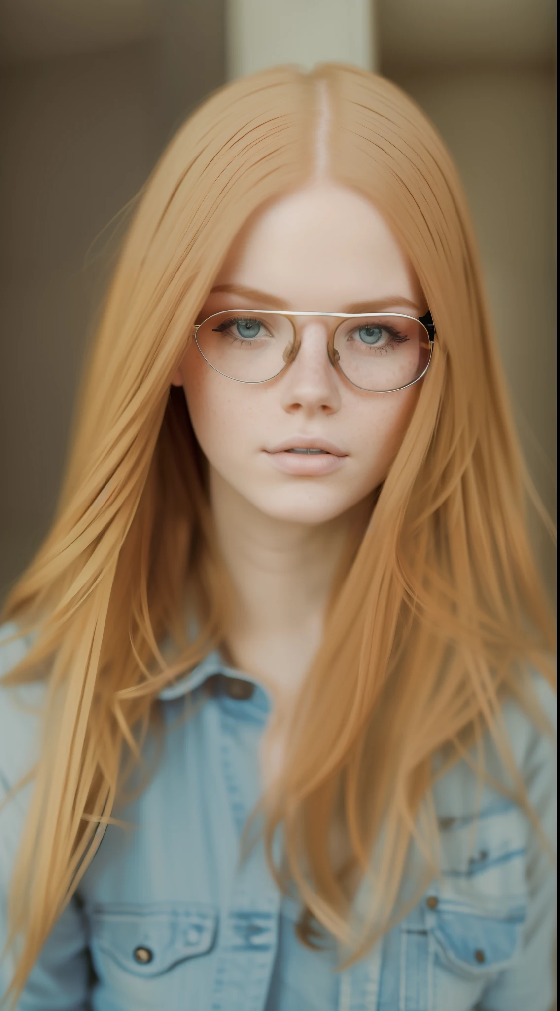 a girl with red hair and blue eyes, with freckles on her cheeks, she is wearing aviator style glasses. standing in a dark room looking at the camera. photography style