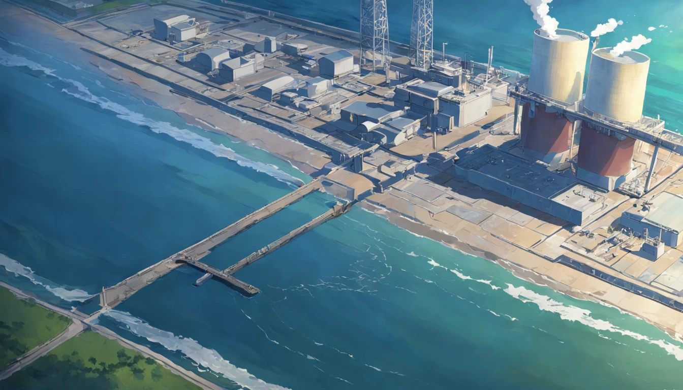 Depicting the appearance of the Fukushima nuclear power plant, Displays the drain,Dumping contaminated water into the ocean. Emphasize the contrast between nuclear power plants and the vast sea