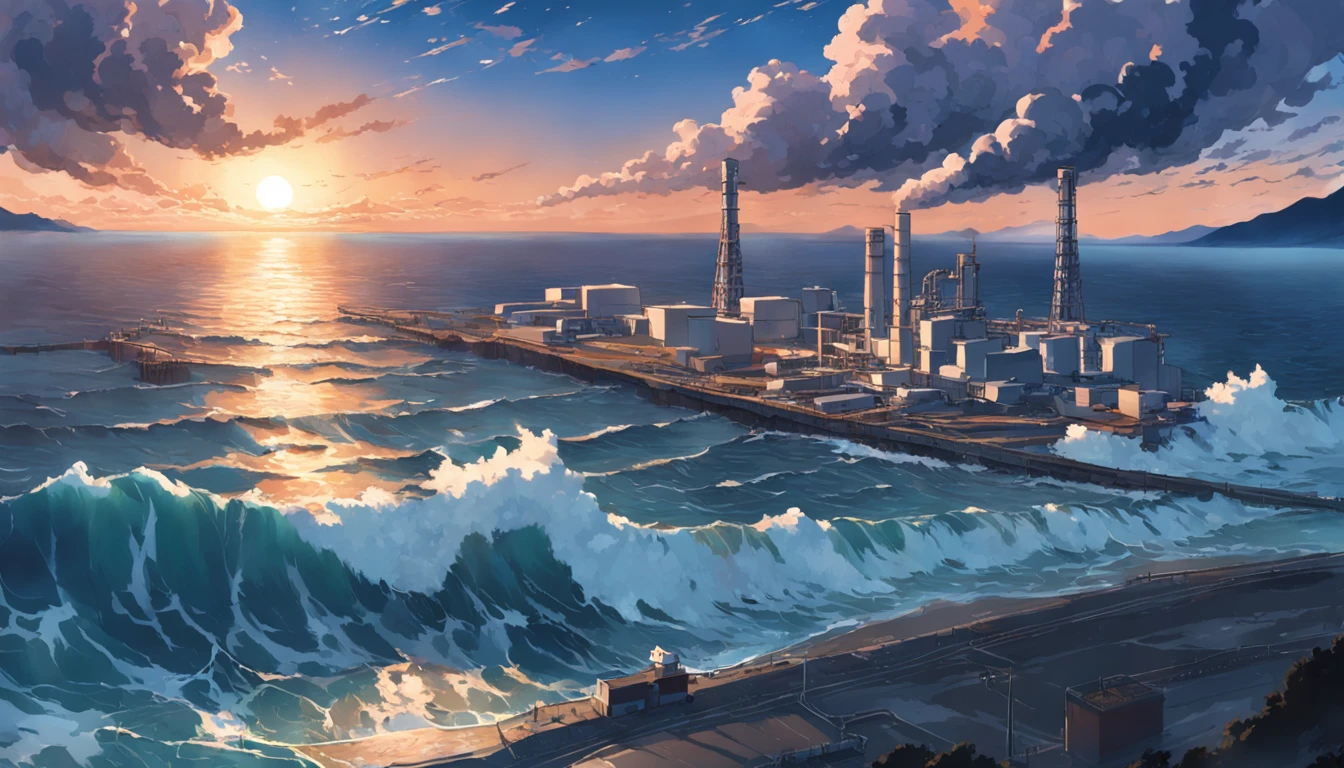 Depicting the appearance of the Fukushima nuclear power plant, Displays the drain，Dumping contaminated water into the ocean. Emphasize the contrast between nuclear power plants and the vast sea