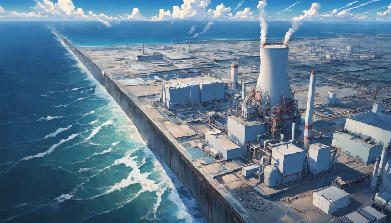 Depicting the appearance of the Fukushima nuclear power plant, Displays the drain,Dumping contaminated water into the ocean. Emphasize the contrast between nuclear power plants and the vast sea