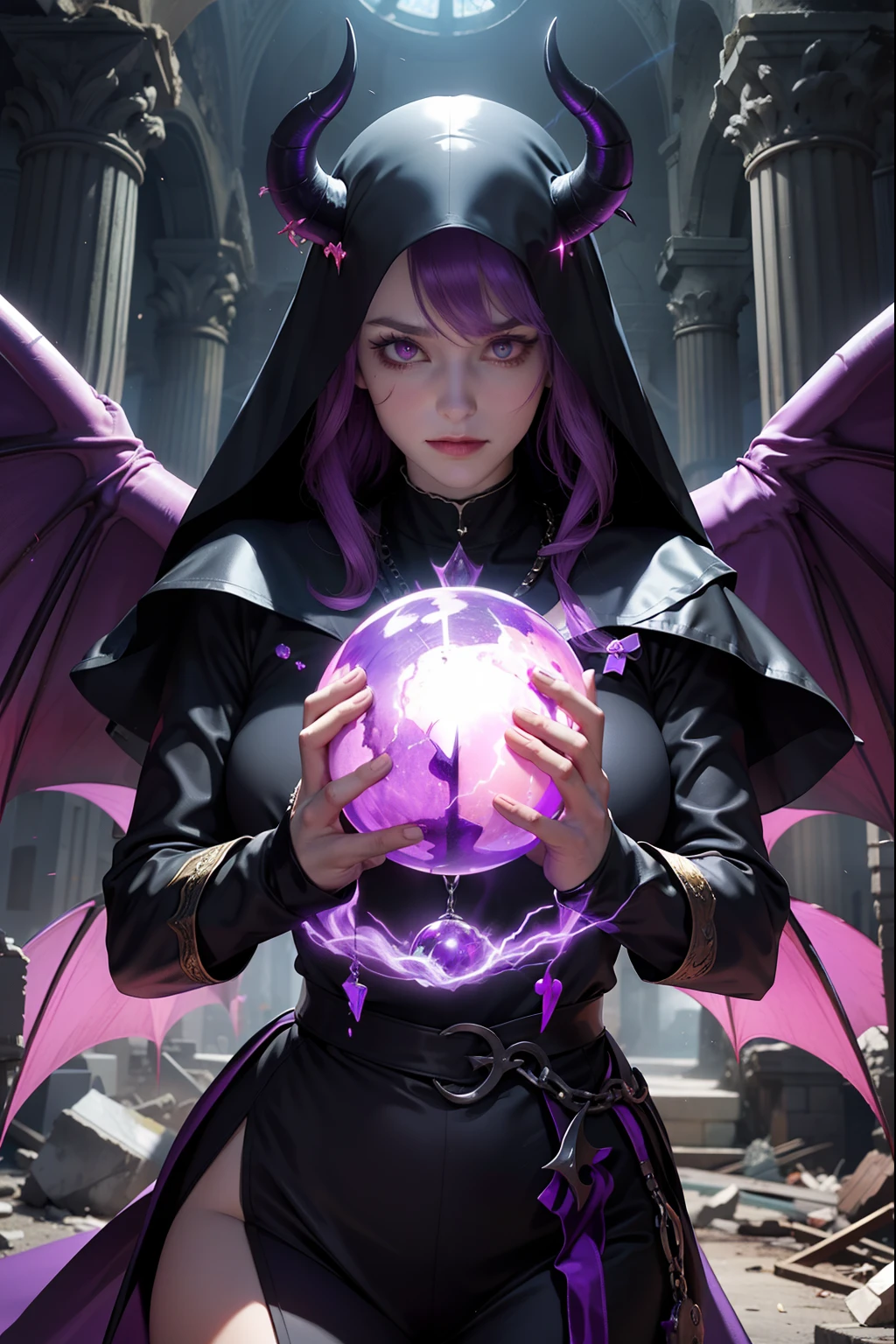 Lisa Ann: The evil nun, Demon horn, Demon wings on the head , His hands preparing a sphere of purple energy, diabolique, insidieux, Lightning strikes the post-apocalyptic ruins of a city , Context of the Satanic Church