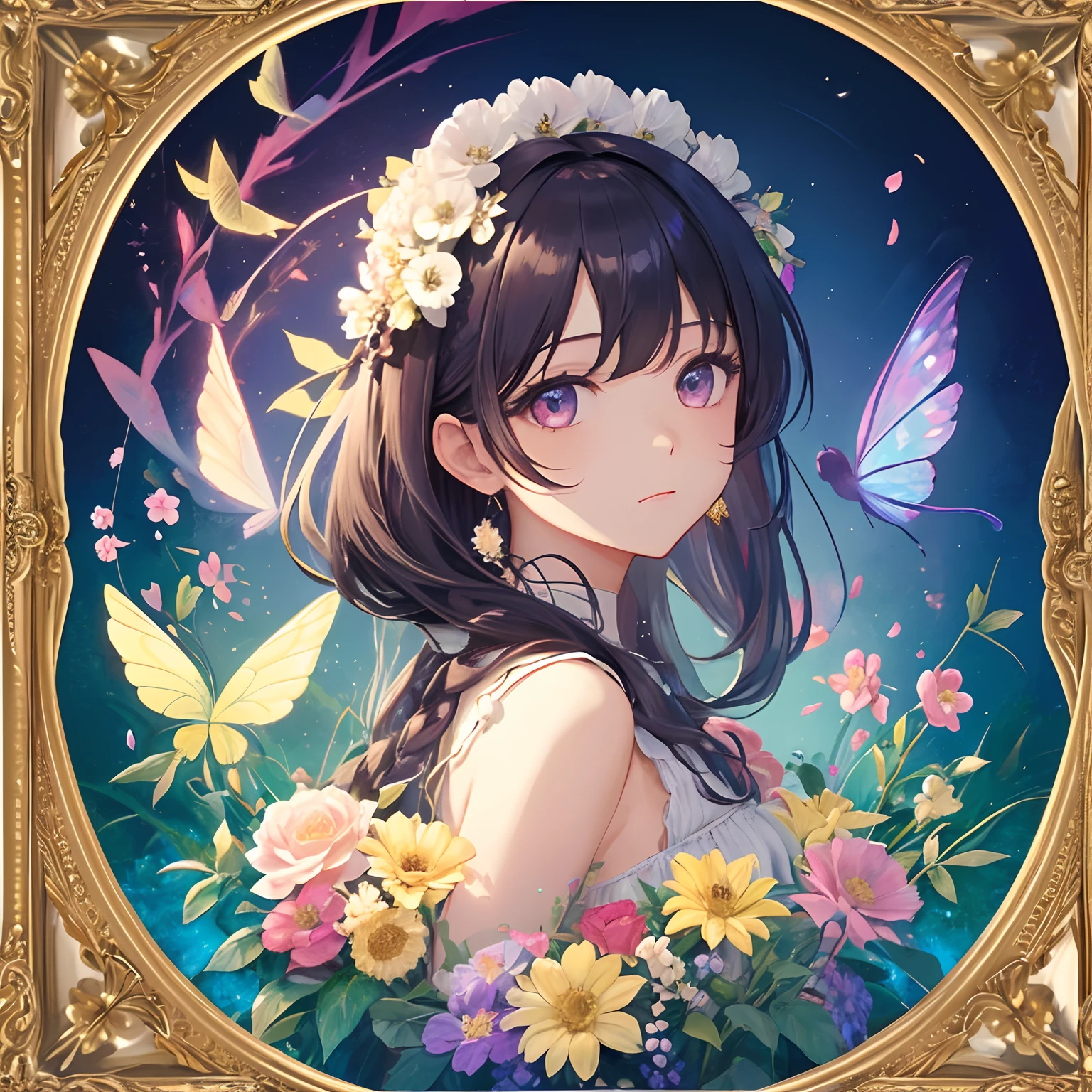 Beauty 1 person、(​masterpiece、top-quality、top-quality、Beautifully Aesthetic:1.2)、(1girl in:1.3)、(Fractal Art:1.3)、picture frame、rainbow-colored hair、Detail Frame、Dynamic、florals、round frame、Florals Kui、Lots of petals fluttering、Expressive thinking、Florals Kui、Delicate dresses、Picture frame in the style of a painting