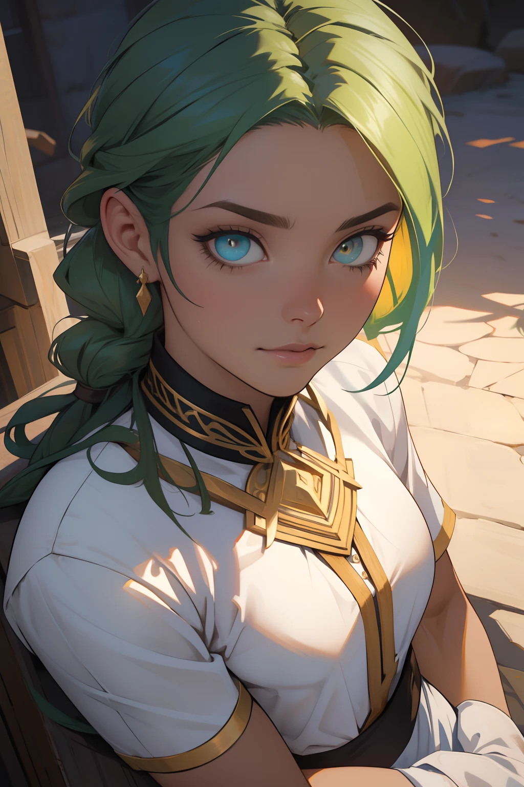 8k,master part, Qualidade BSET,Big, (1 girl), olhos amarelos, cabelos ruivos intensos, cabelos longos, braid hair, professional lighting, (pele brilhante: 1.2), grande brilhante, ((best quality)), foco nítido: 1.2, Textura altamente detalhada do rosto e da pele, Olhos detalhados, rosto perfeito, Corpo Perfeito, blur art, CG, Background Story, seios grandes, Presence (20 anos, rosto maduro, fresco e bonito), Usando ((saia verde), camisa azul tensa, coxa), corar, (Mittgal), randome pose, Top view, olho perfeito