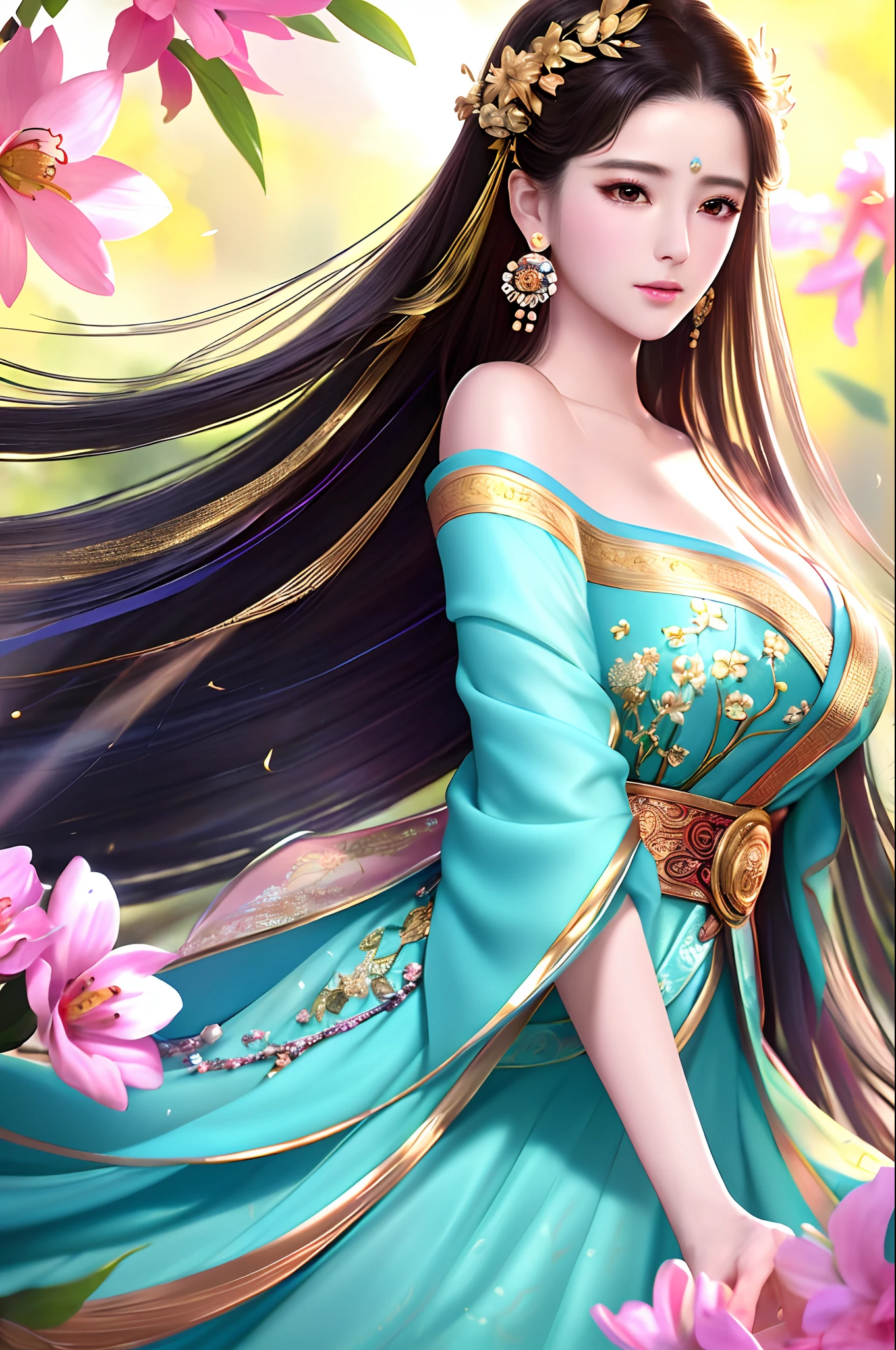 (Masterpiece:1.0), (Best quality:1.4), (超高分辨率:1.2), (Delicate illustrations:1.4),(8K, RAW photo:1.2), (Soft focus:1.4), grown woman, (30 age old:1.3), (Sharp focus:1.4), (Japanese:1.0),(China:0.5), ((Liu Yifei)),Black hair, High quality, Masterpiece, Masterpiece, Exquisite facial features, Exquisite Hair, Elaborate Eyes, Delicate colored hair, 4K quality, Gorgeous light and shadow,(Masterpiece),(Best quality),(1girll), round eyes and long hair, Shoot outside, Vibrant colors, Symmetrical face, Perfect skin, voluminetric lighting, stunning environment, Highly detailed, Ultra photo realsisim, posing on a,Higg lips, Beautiful lips, Intricate hair accessories,Cinematic light,Bright light,Bright colors, Bokeh background,(Flower background),Earrings,Large breasts,Hands behind your back,
