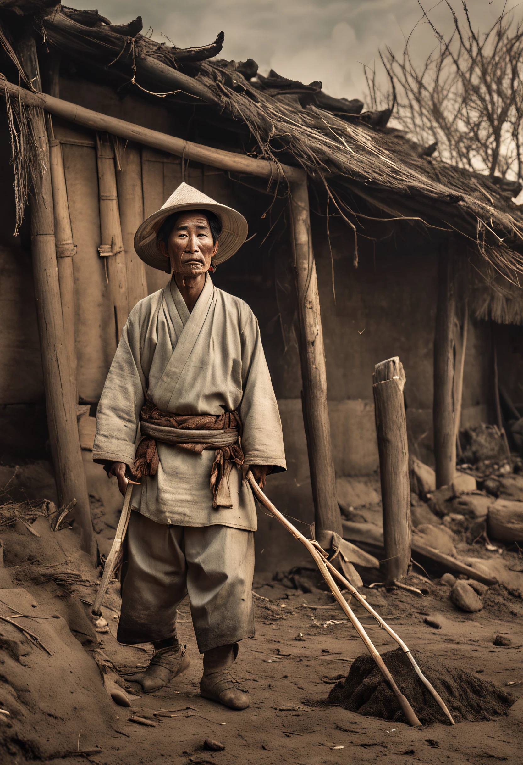 Koreans 150 years ago,ember,White costume,Clothes soiled with dirt,a picture,realisitic,male people,A battered and crumbling straw house,Smoking cigarettes with long kissels,