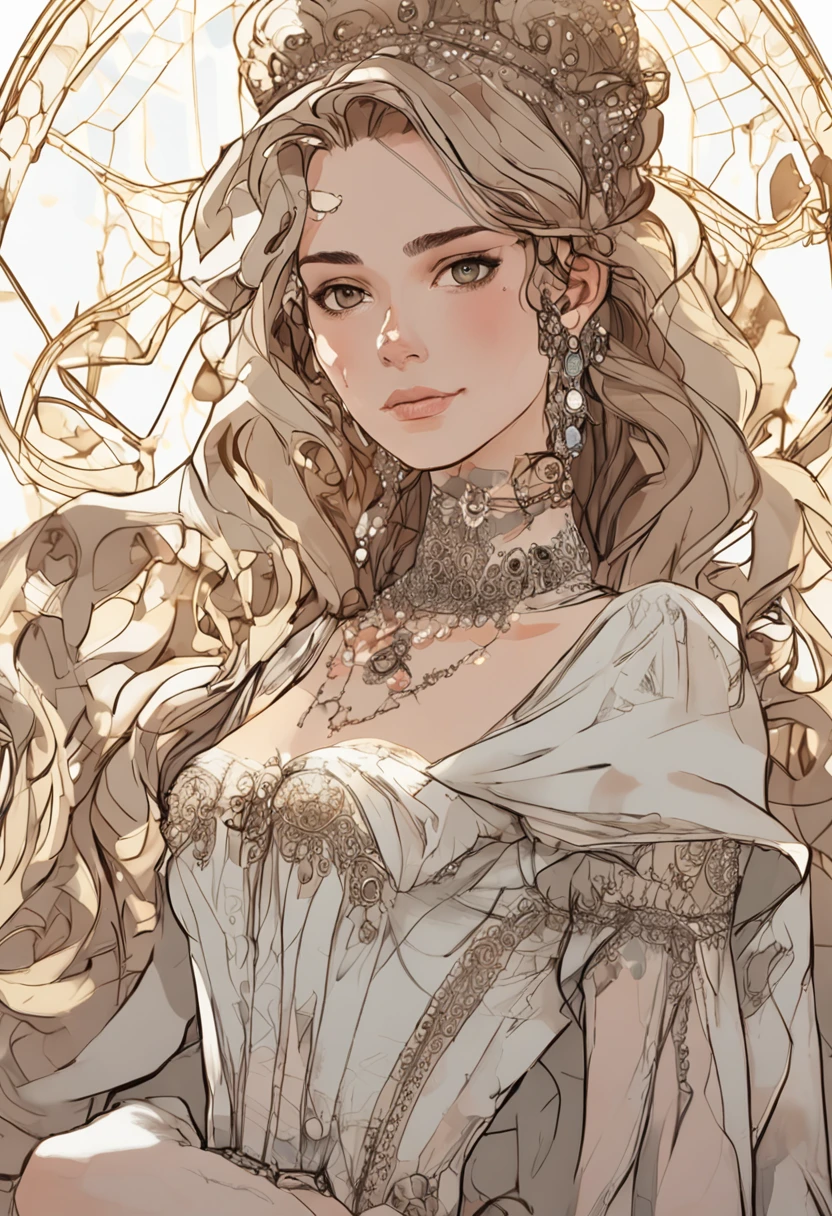A stunningly beautiful blonde fairytale Princess shining with Royal Pomp and Regal Splendor, wearing a Stately and (((Elaborate))) Royal Cinderella Wedding Dress of Silver and White Brocade, with (((enormous puffed sleeves))) a stiffly boned, padded and corseted bodice, an hourglass waist, a (((huge crinoline hoopskirt))) and (((bustle))), adorned with ribbons, bows, roses, lace, ruffles, frills, embroidery, and jewels, elaborately curled and styled hair, long white gloves, pearl and diamond necklace and earrings