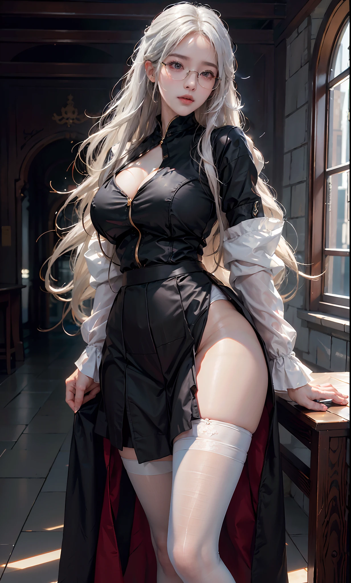 ulzzang-6500-v1.1, (raw photo:1.2), (photorealistic:1.4), beautiful detailed girl, very detailed eyes and face, beautiful detailed eyes, ridiculous, incredibly ridiculous, huge file size, super detailed, high resolution, very detailed, best quality, masterpiece, ((fashion clothing with diverse colors)), illustration, very detailed, CG, unified, 8k wallpaper, amazing, fine detail, masterpiece ,best quality, very detailed CG uniform 8k wallpaper, light on face, movie lighting, 1girl, 20 years old, long white hair, side splits, (big breasts), (no panties)), (glasses), ((dynamic pose))), ((sexy pose))), (camel toe), (half), (pantyhose)), ((black hip skirt))