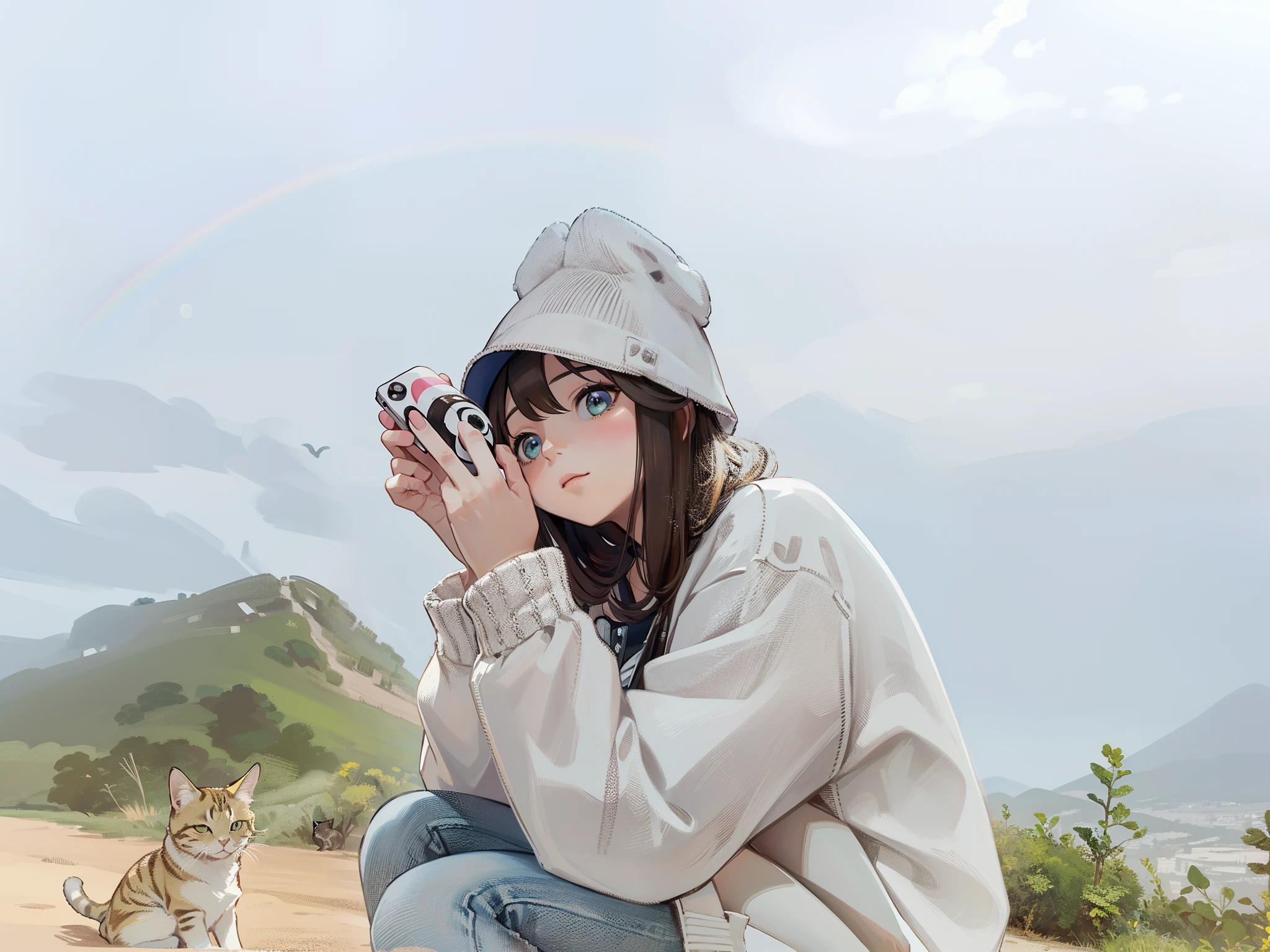 1girl in,A pokémon_The card,(top-quality), (high_quality), (Convoluted_Details), (ultra-detailliert), (illustratio), (Distinct_image),saito_naoki,Against the backdrop of the vast sky、Rainbow View、With cats((Cute cat1.5))