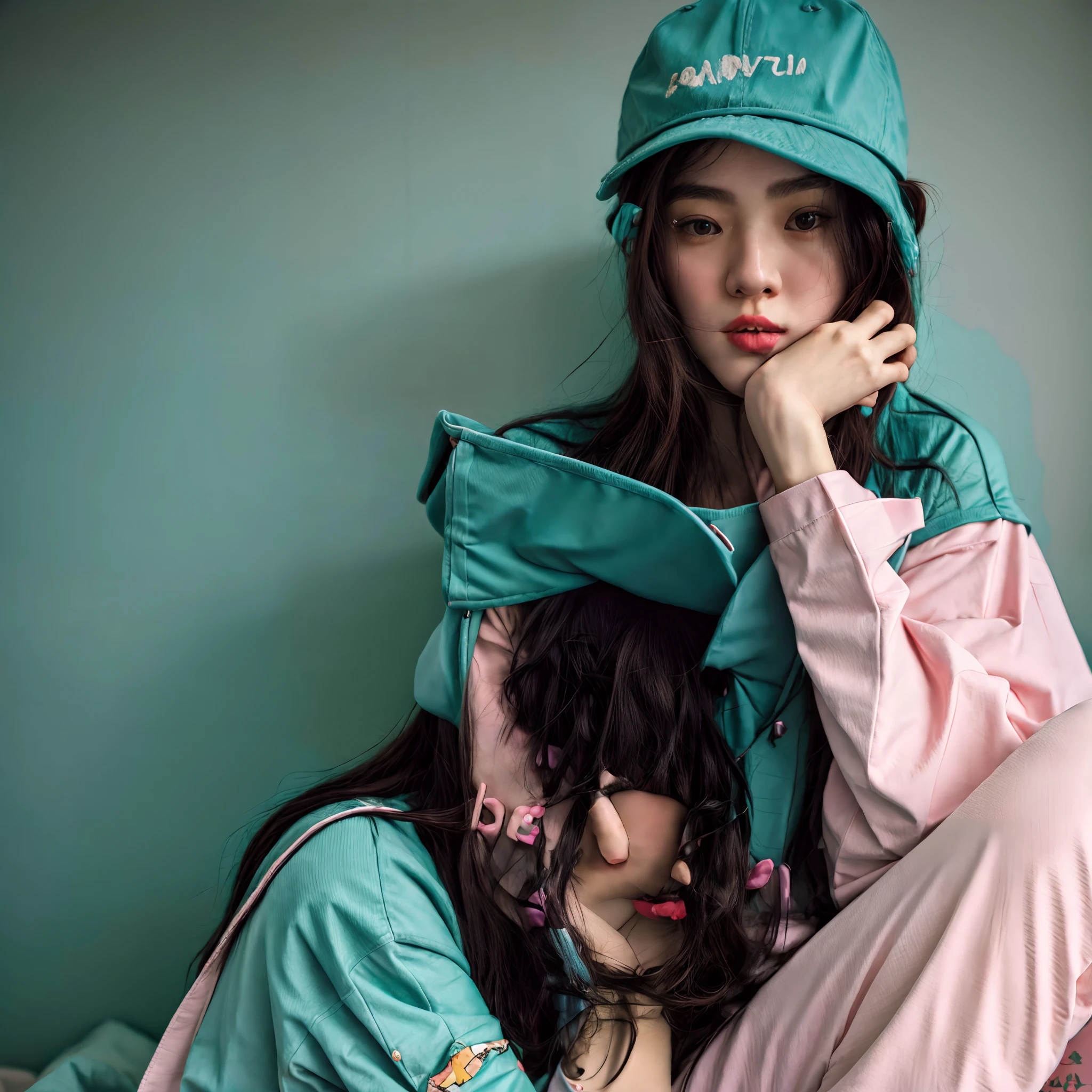there is a woman sitting on a bed with a hat on, lofi girl, lofi portrait, lo fi, aesthetic!!!!!!!!!!, lofi, lofi artstyle, lo-fi art, lofi girl aesthetic, lofi feel, ulzzang, lo fi colors, lo-fi, lo - fi, lo - fi colors, teal aesthetic
