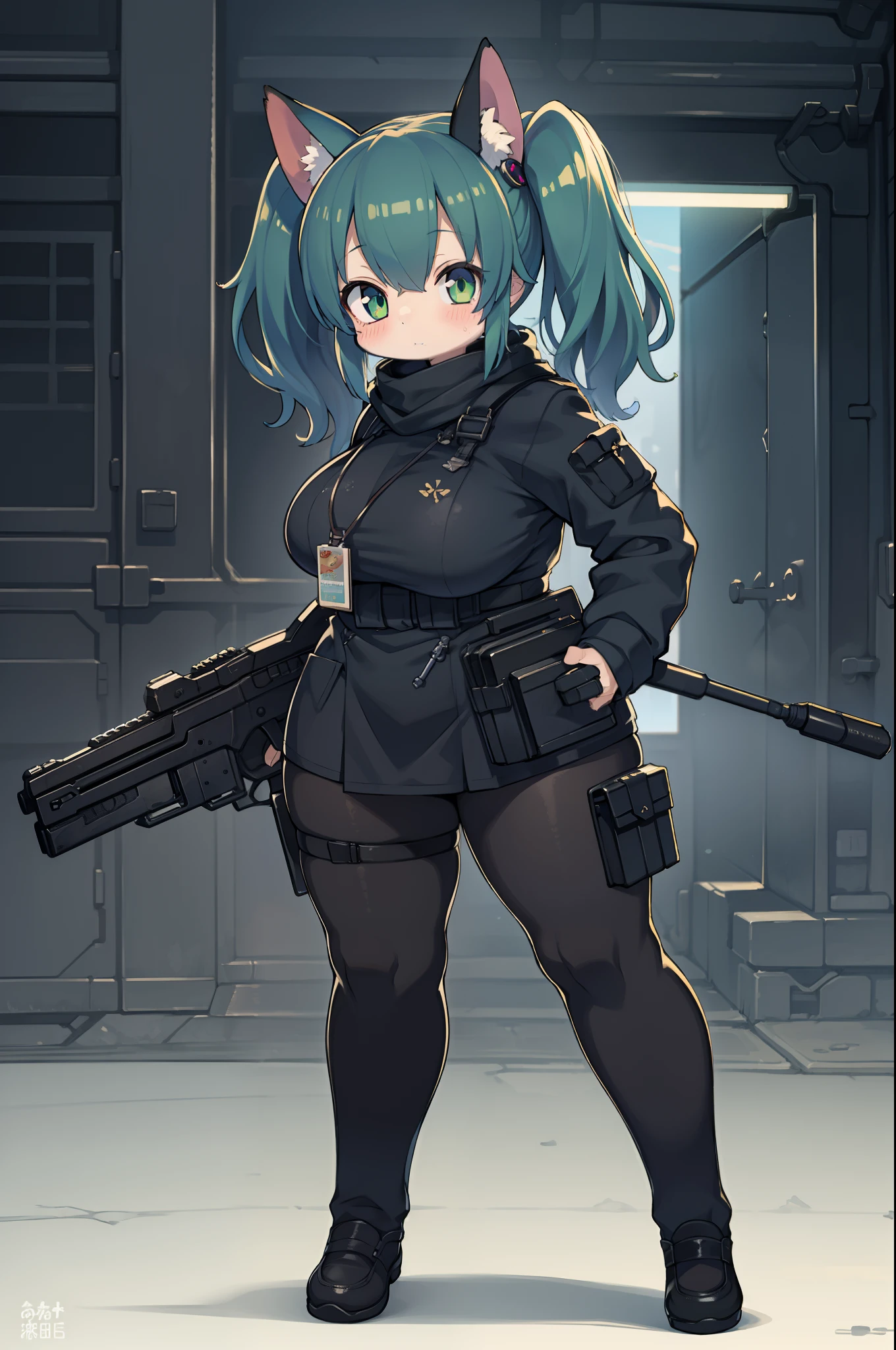 Huge assault rifle、Long sideburns、Anime-style girl with beautiful whole body, clean detailed faces, ciber,analogous colors, Glowing shadows, beautiful gradients, depth of fields, CLEAN IMAGE, High quality,Black Parker Clothing、 high detailing, High Definition, blush, Fit, Heavenly Beauty, Very detailed, Soft lighting, Full body,Green&Black hair,Green eyes、huge-breasted