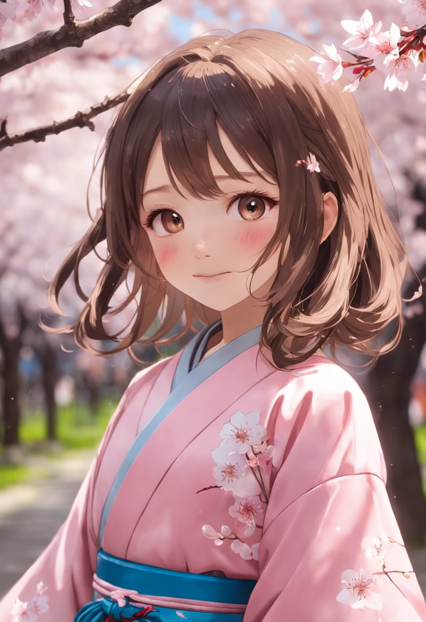 (Masterpiece, Daylight portrait:1.3), (Charming image of a 7--old l in Japan under cherry blossoms:1.2), (Sony A6400 camera, Known for its fast autofocus and detail preservation:1.2), (Paired with Sony E 50mm f/1.8 OSS lenses,Captures clear and detailed portraits:1.2), (Long, Smooth brunette hair is layered smoothly, intricately details:1.1), (Fine hair sparkles in the light:1.1), (The symmetrical face is decorated with professional makeup:1.1), (A delicate figure dressed in a traditional Japanese kimono:1.1), (Shiny hair catches the sun,Rejuvenate:1.1), (A charming smile exudes real warmth:1.1), (The vibrant cherry blossoms outline the tranquil scene:1.1), (Peaceful park setting, Vibrant with spring colors:1.1), (The camera's sensors capture the meticulous intricacies of her facial features and dress:1.1), (The camera focuses on her smile, Capture its natural charm:1.1), (Instantly frozen in time, Embodies the beauty of youth and nature:1.1), (A harmonious blend of cultural elegance and joyful authenticity:1.1), (A portrait that captures true happiness under the cherry blossoms:1.1)