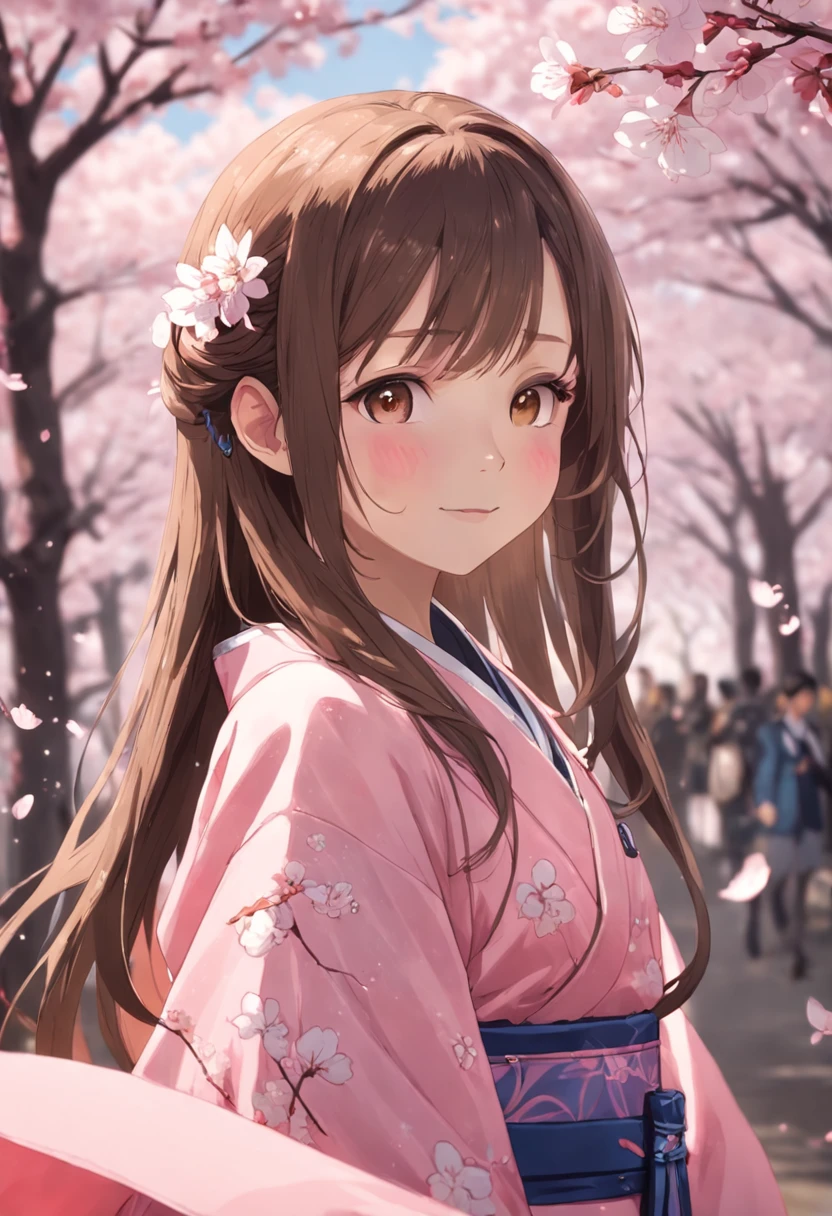 (Masterpiece, Daylight portrait:1.3), (Charming image of a 7-year-old girl in Japan under cherry blossoms:1.2), (Sony A6400 camera, Known for its fast autofocus and detail preservation:1.2), (Paired with Sony E 50mm f/1.8 OSS lenses，Captures clear and detailed portraits:1.2), (Long, Smooth brunette hair is layered smoothly, intricately details:1.1), (Fine hair sparkles in the light:1.1), (The symmetrical face is decorated with professional makeup:1.1), (A delicate figure dressed in a traditional Japanese kimono:1.1), (Shiny hair catches the sun，Rejuvenate:1.1), (A charming smile exudes real warmth:1.1), (The vibrant cherry blossoms outline the tranquil scene:1.1), (Peaceful park setting, Vibrant with spring colors:1.1), (The camera's sensors capture the meticulous intricacies of her facial features and dress:1.1), (The camera focuses on her smile, Capture its natural charm:1.1), (Instantly frozen in time, Embodies the beauty of youth and nature:1.1), (A harmonious blend of cultural elegance and joyful authenticity:1.1), (A portrait that captures true happiness under the cherry blossoms:1.1)