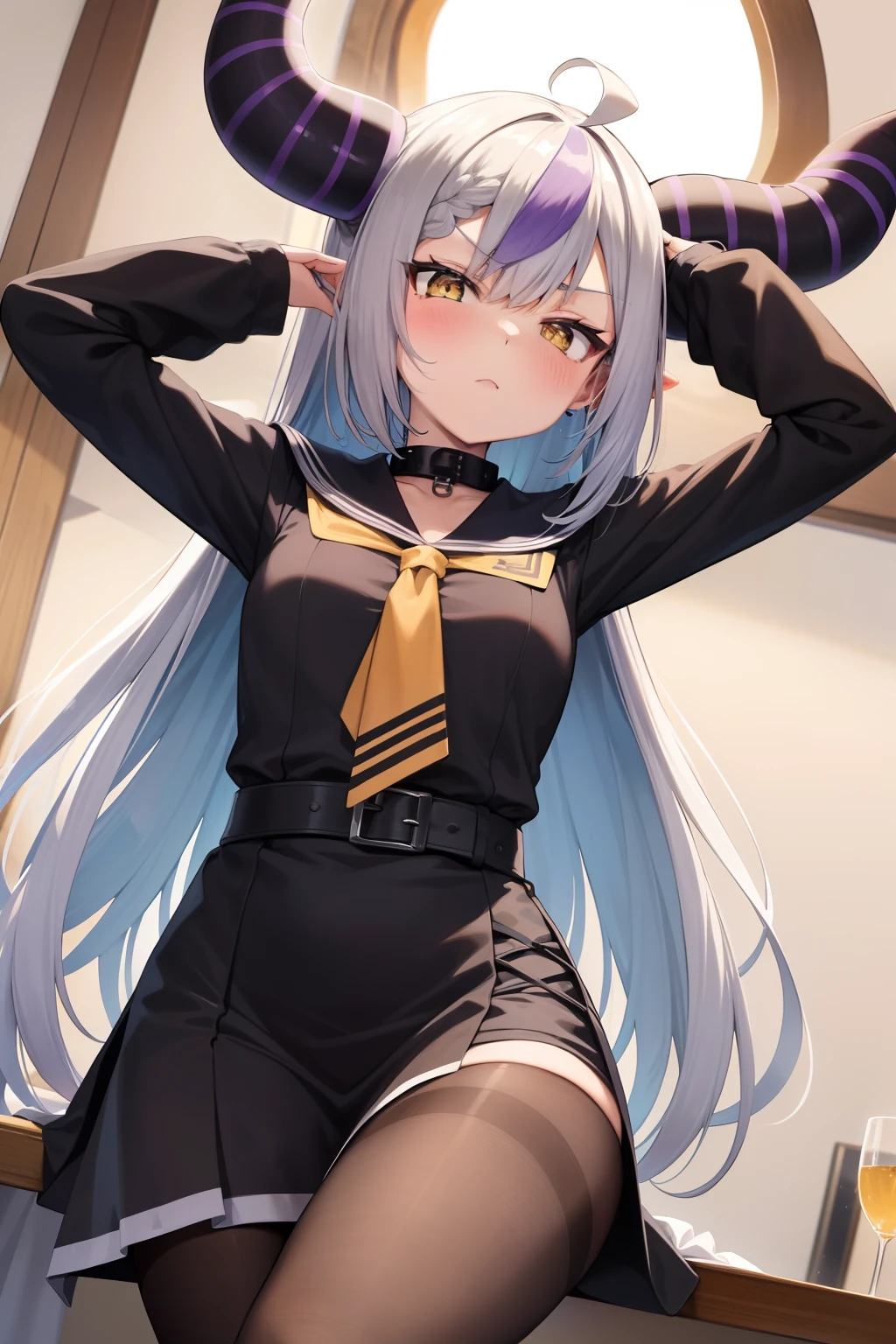 masutepiece, top-quality, High resolution,2D,animesque,sleeves past wrists, sleeves past fingers, braid, Long sleeves, single leg pantyhose, yellow ascot, ascot, Black footwear, Dress, Metal collar, long boots, Black Dress, Collar, pantyhose, single thighhigh,Sitting on a chair, Girl with fork and spoon, Hands up, ((Angle from below:1.2))