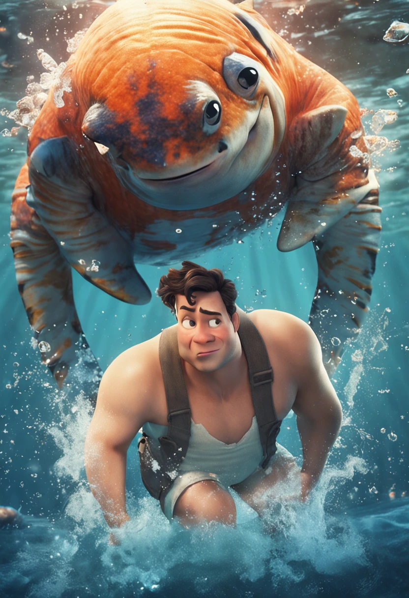 movie picture quality,style of disney animation,Disney animated films,The stocky fat uncle swims in the sea with a koi in his arms,short detailed hair,Denim suspenders,The barefoot,depth of fields,high light,Real light,Ray traching,oc rendered,Hyper-realistic,best qualtiy,8K,Works of masters,super-fine,Detailed pubic hair,Correct anatomy,sharp focus on eyes,Bokeh,Facial features are carefully depicted,looking at me