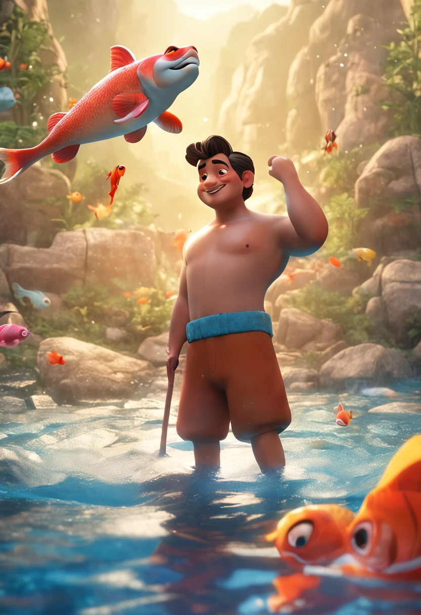 movie picture quality，style of disney animation，Disney animated films，The stocky fat uncle swims in the sea with a koi in his arms，short detailed hair，Denim suspenders，The barefoot，depth of fields，high light，Real light，Ray traching，oc rendered，Hyper-realistic，best qualtiy，8K，Works of masters，super-fine，Detailed pubic hair，Correct anatomy，sharp focus on eyes，Bokeh，Facial features are carefully depicted，looking at me