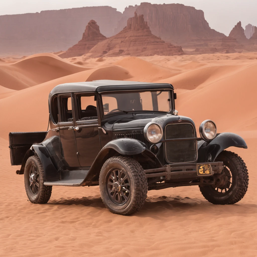 carro preto no deserto do saara com uma montanha de fundo, na ponta da montanha o critso redentor do braisl
