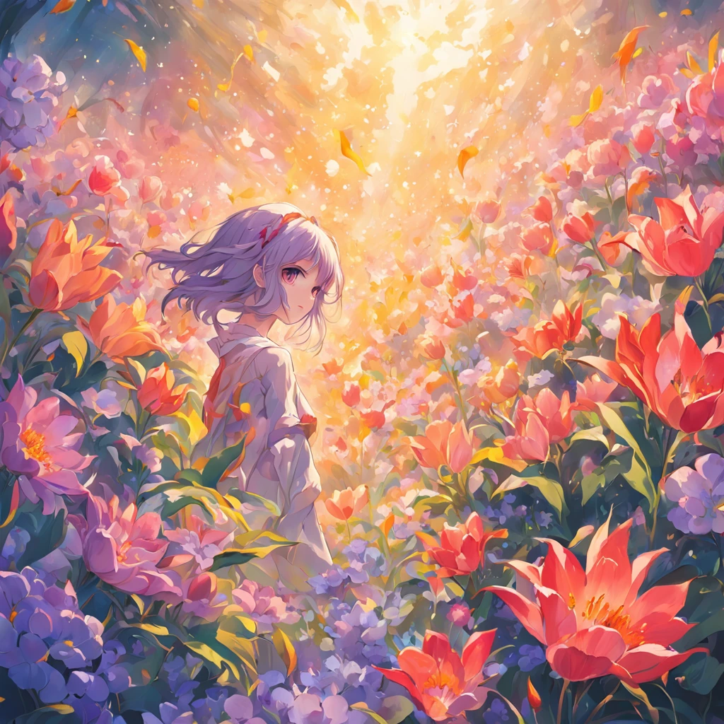 colorful flowers, magical colorful flowers, colorful flowers, colorful flowers, lilac, tulips, colorful flowers and plants, sunlight coming in, lots of details, high quality, 8k