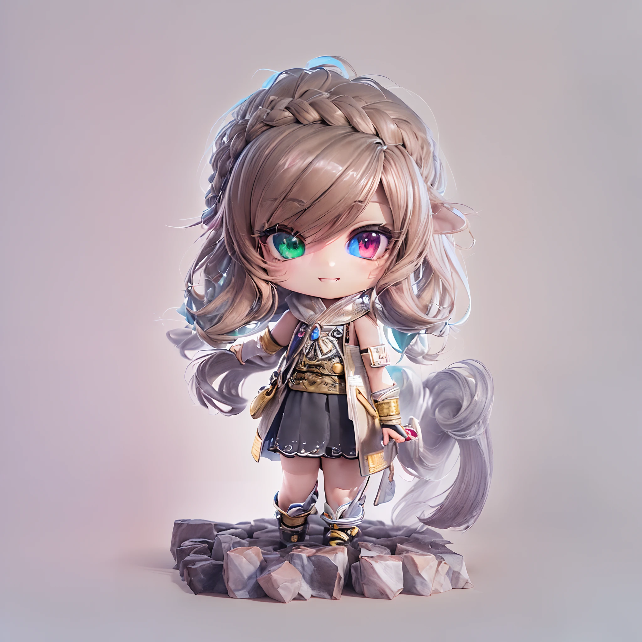 (Chibi:1.5)((masutepiece, of the highest quality, Watercolor art (Pendants), Beautiful and aesthetic: 1.2)), (Golden ratio: 1.2), (Full body: 1.2), (Super Detail: 1.3), (1 persons:1.5)、(1 girl: 1.3), (Fractal Art: 1.3), (Glitter Pupil)),(Brown hair: 1.2)), (Heterochromia), (Colorful: 1.5), (((Shy face)), (full body Esbian), (Hyper-detailing), ((delicate detail)), (intricate-detail), ((Cinematic Light, Highest quality backlight)), High contrast, ((The best lighting, Very delicate and beautiful)), (( Cinematic Light)), (ray trace reflection, Glow), (((glowing aura)), ((Glowing hair)), ((Super Detail)), (8K)), ((a closeup)), ((Seductive smile)) ,((FULL BODYSHOT))、(Chibi:1.5)、(3D Rendering:1.75, Plastic Texture:1.75, Chibi deformation:1.75, Full body, Front view:1.5),(Cane in hand:1.5、Black Wizard Robe:1.5,Braids:1.5)