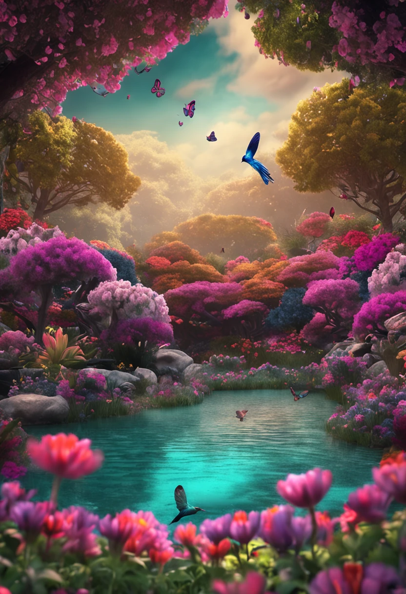 Create a photographic background for me with enchanting garden theme eco elements flowers, butterfly trees and everything very colorful beautiful perfect with birds and hummingbirds squirrels
