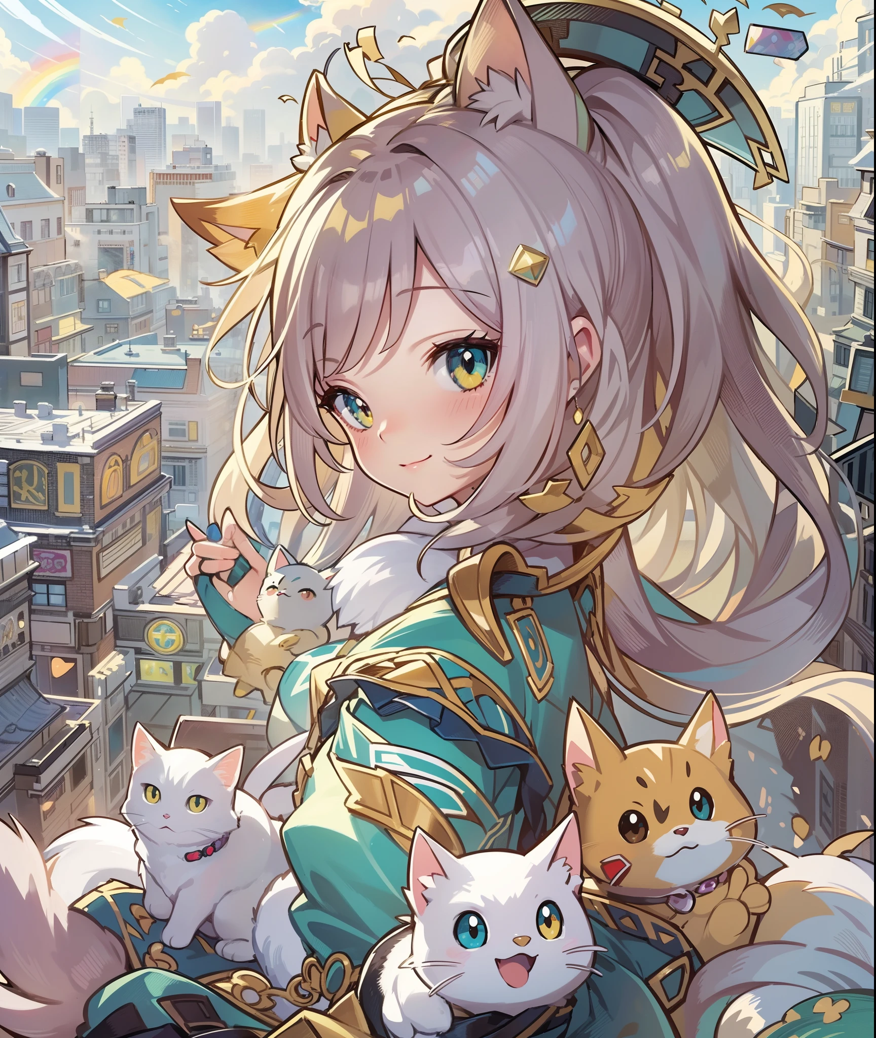 profile、1girl in,A pokémon_The card,(top-quality), (high_quality), (Convoluted_Details), (ultra-detailliert), (illustratio), (Distinct_image),saito_naoki,city scenery、Rainbow View、With cats（（Cute cat１.５））