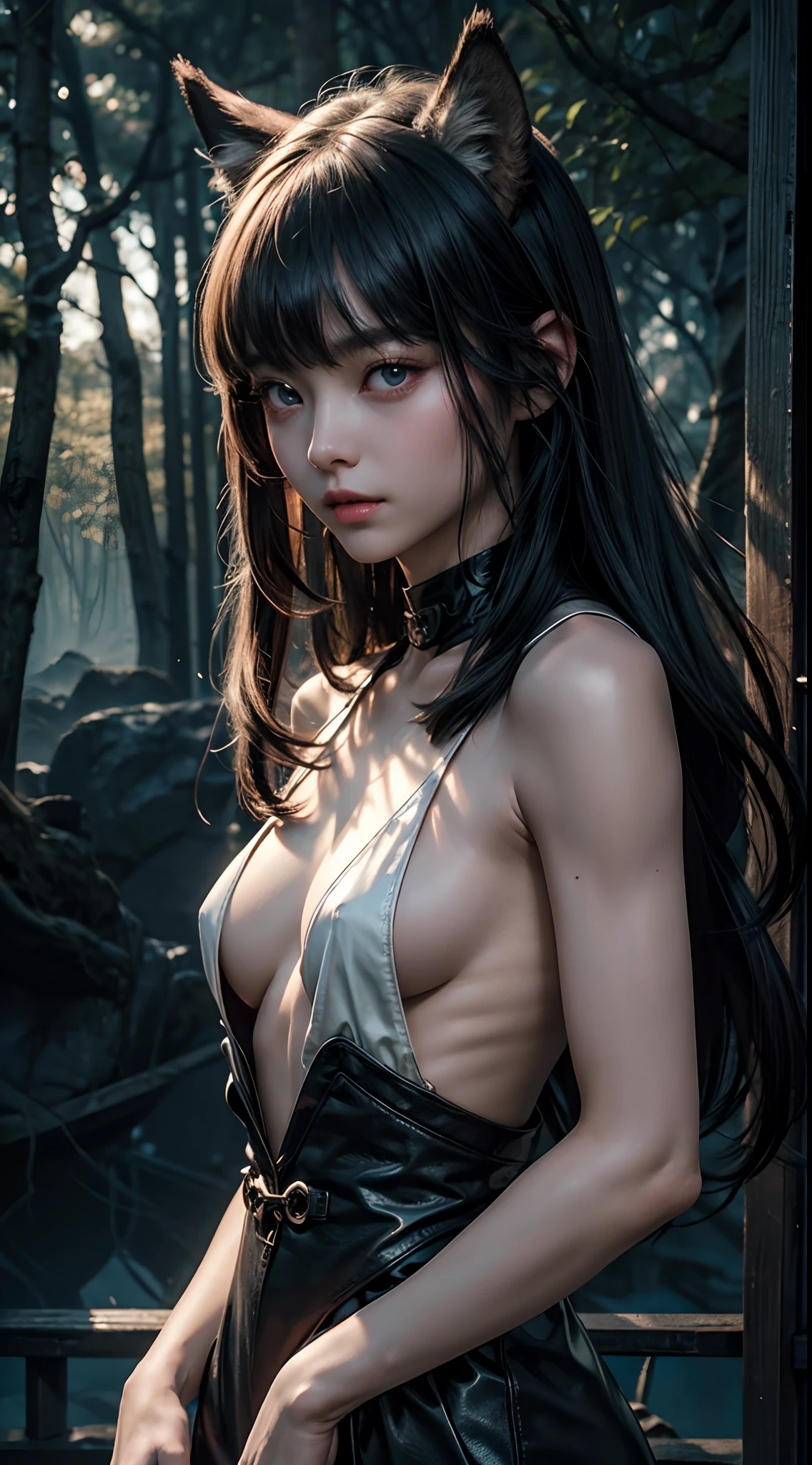 (8K, Raw photography, top-quality, ​masterpiece:1.2),  One Woman、Japan at the age of 18,fullllbody.{scinematic angle、Wide Angle、Don't split the screen、}（Realistic Skins 1.4）、（（（wolf women、Human-wolf、Beast ears、Leather waistband）））、（（（In the dark forest、Pitch black night、Deep fog）））（（Blood dripping from the mouth、Red Eyes、Black and long nails））、50mm Lens、30mm film、wide angles、（long、straight haired、）、（A dark-haired、The forehead is hidden by bangs、）、Black eyes、shinny skin.Beautiful delicate face、Beautiful delicate eyes、｛tiny chest、small tits、muscular body、｝、