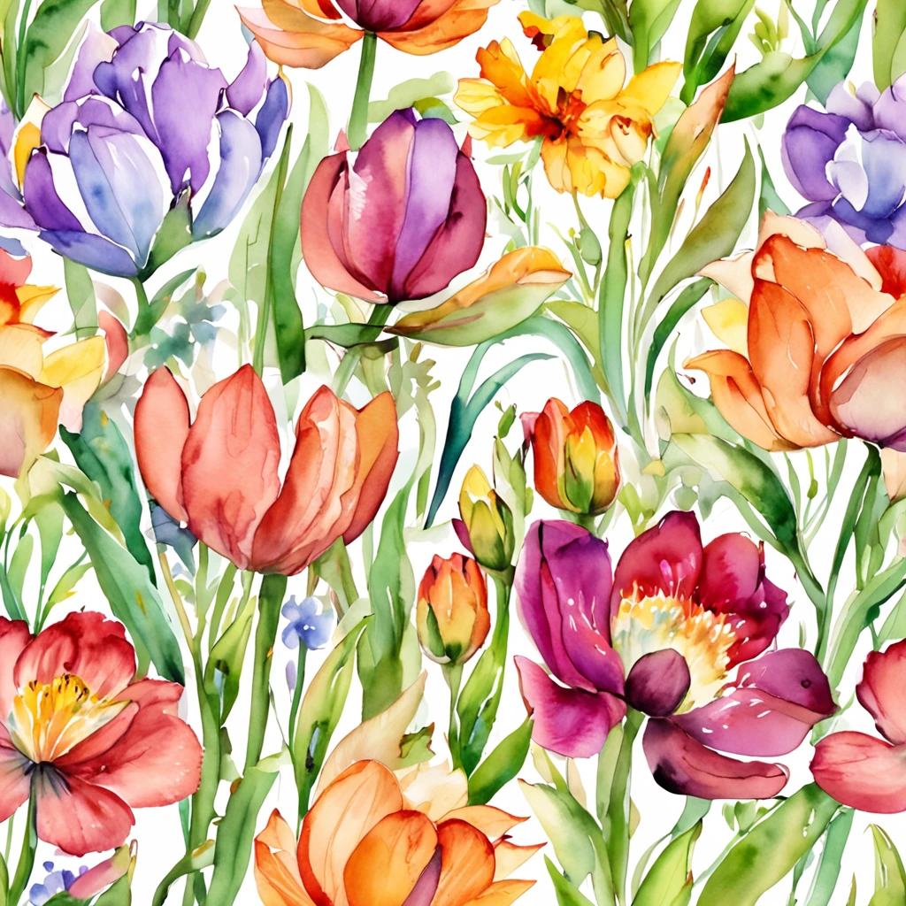 colorful flowers, magical colorful flowers, colorful flowers, colorful flowers, lilac, tulips, colorful flowers and plants, sunlight coming in, lots of details, high quality, 8k