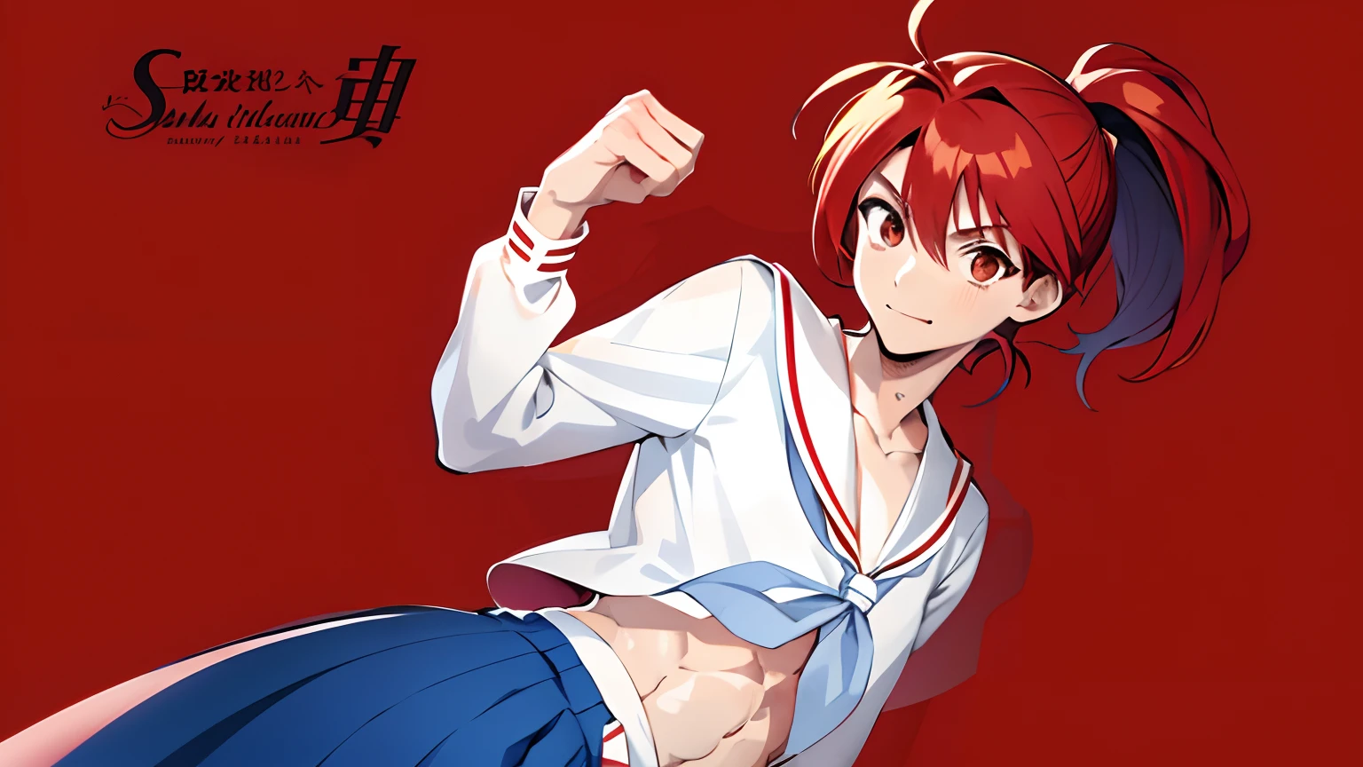 Anime Men With Red Hair, Anime man in white sailor suit, Anime man in blue skirt poses for photo, Boy with red short ponytail hair, Boy with brown eyes, aya takano color style, Muscular men,