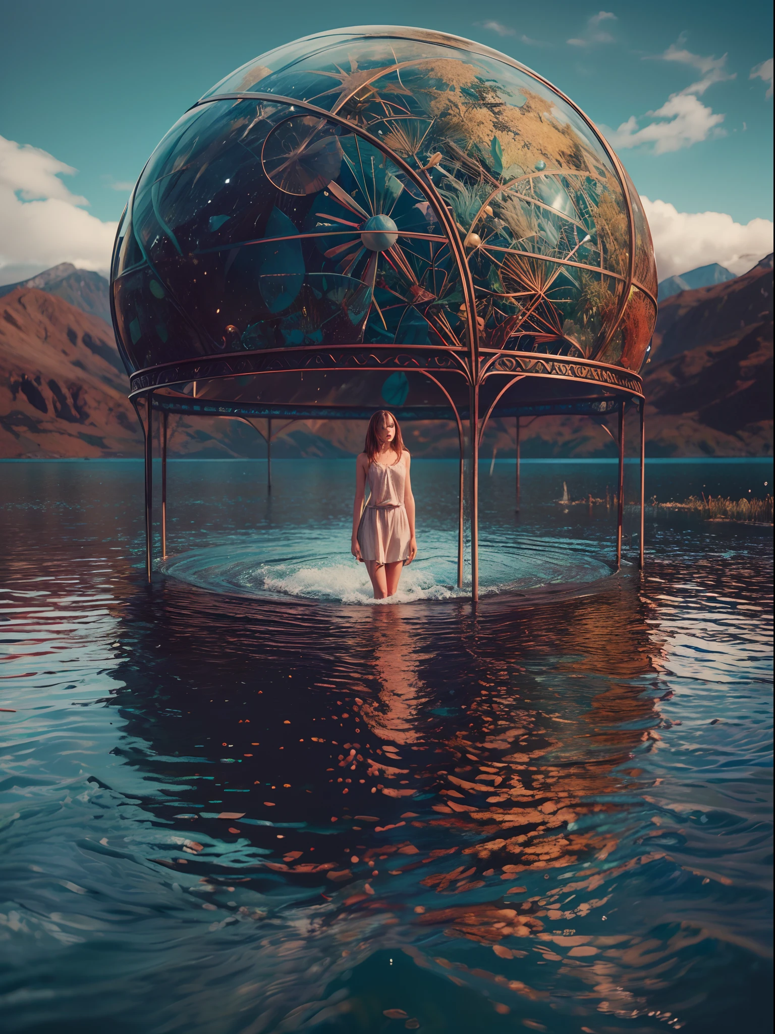 ((La mejor calidad)), ((obra maestra)), (muy detallado:1.3), Beautiful 25-year-old girl levitating on water, ella esta ubicada en el centro, levitating over the water of a lake with mountains in the background,spheres with fractal designs around, cyberpunk, Fractal design in the background, FUTURISTA, golden ratio, 3D tessellation of metal structures, neuronal graph, neuronas, Color, amor, passion, oil on canvas, pinceladas gruesas, Stunningly Detailed, 8k, obra maestra, Artstation, surrealista, obra maestra, realista, realismo, fotorrealismo, alto contraste, photorealistic digital art trending on artstation 8k hd high definition detailed realistic, detallado, textura de la piel, hiper detallado, textura realista de la piel, armadura, mejor calidad, ultra-high-resolution, , high resolusion, detallado, foto sin procesar, nikon d850 film stock photograph 4 kodak portra 400 camera f1.6 Lens rich colors hyper realistic texture dramatic lighting UnrealEngine trend in Artstation Cinestill 800,