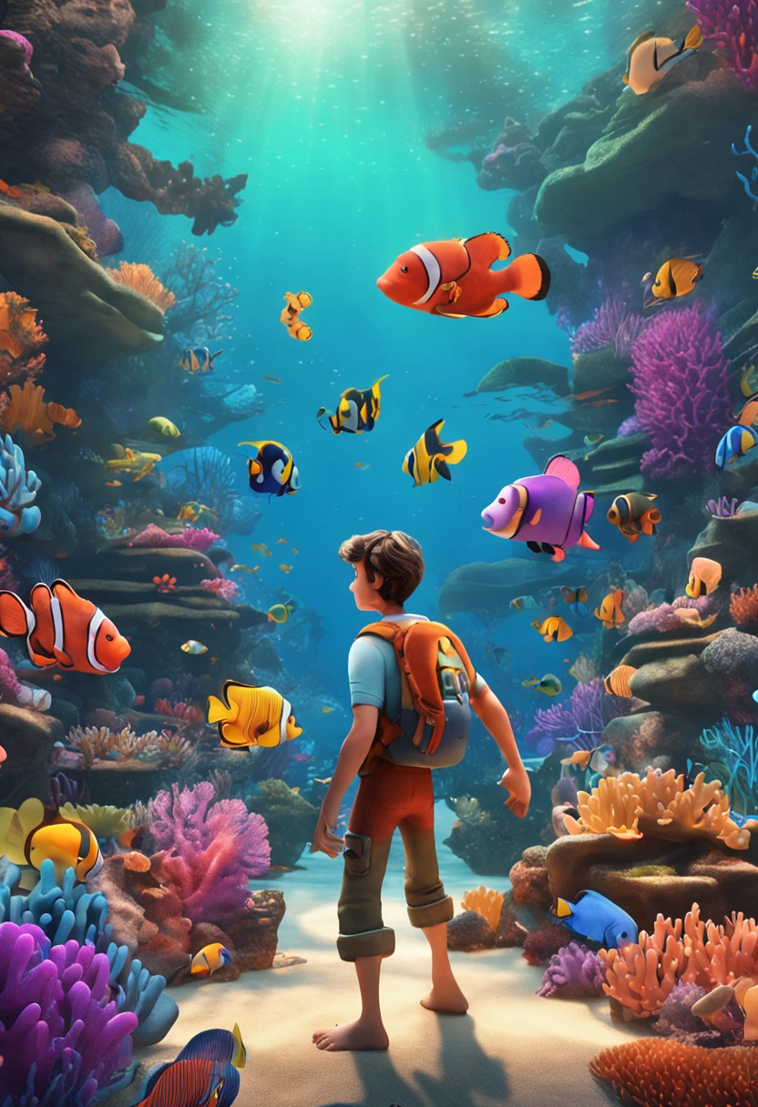 movie picture quality,style of disney animation,Disney animated films,ocean floor,The corals,Colorful,The stocky fat uncle swims in the sea with a koi in his arms,short detailed hair,Denim suspenders,The barefoot,depth of fields,high light,Real light,Ray traching,oc rendered,Hyper-realistic,best qualtiy,8K,Works of masters,super-fine,Detailed pubic hair,Correct anatomy,sharp focus on eyes,Bokeh,Facial features are carefully depicted,looking at me
