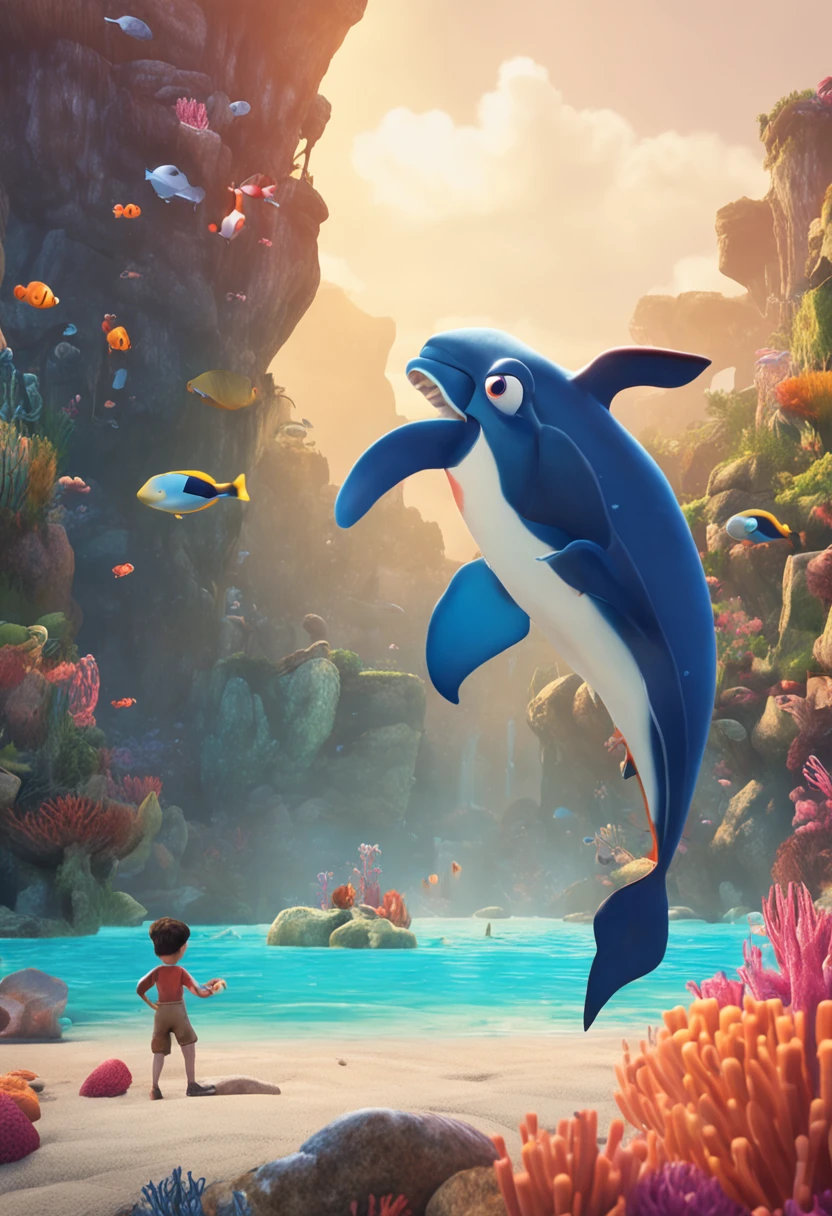 movie picture quality，style of disney animation，Disney animated films，ocean floor，The corals，Colorful，The stocky fat uncle swims in the sea with a koi in his arms，short detailed hair，Denim suspenders，The barefoot，depth of fields，high light，Real light，Ray traching，oc rendered，Hyper-realistic，best qualtiy，8K，Works of masters，super-fine，Detailed pubic hair，Correct anatomy，sharp focus on eyes，Bokeh，Facial features are carefully depicted，looking at me