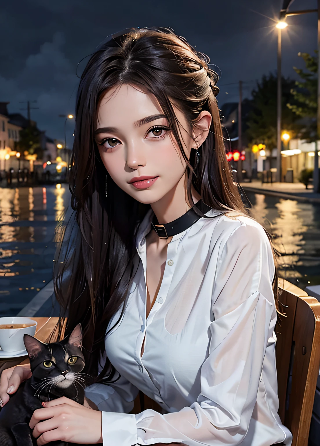 8K, best quality, masterpiece: 1.2) , super details, 1 girl, cute, independent, beautiful details sky, details cafe, night, sit down, date, (nose red) , sweet smile, (Smile: 1.15) , (shut up) small breasts, small beautiful details eyes, Turkish, (collar shirt: 1.1) , black and white business attire, night, wet, business dress, rain, long hair, brunette, flowing hair, NovaFrog style, cat,