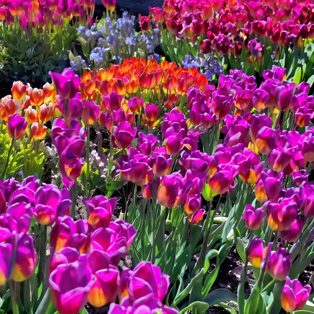 colorful flowers, magical colorful flowers, colorful flowers, colorful flowers, lilac, tulips, colorful flowers and plants, sunlight coming in, lots of details, high quality, 8k