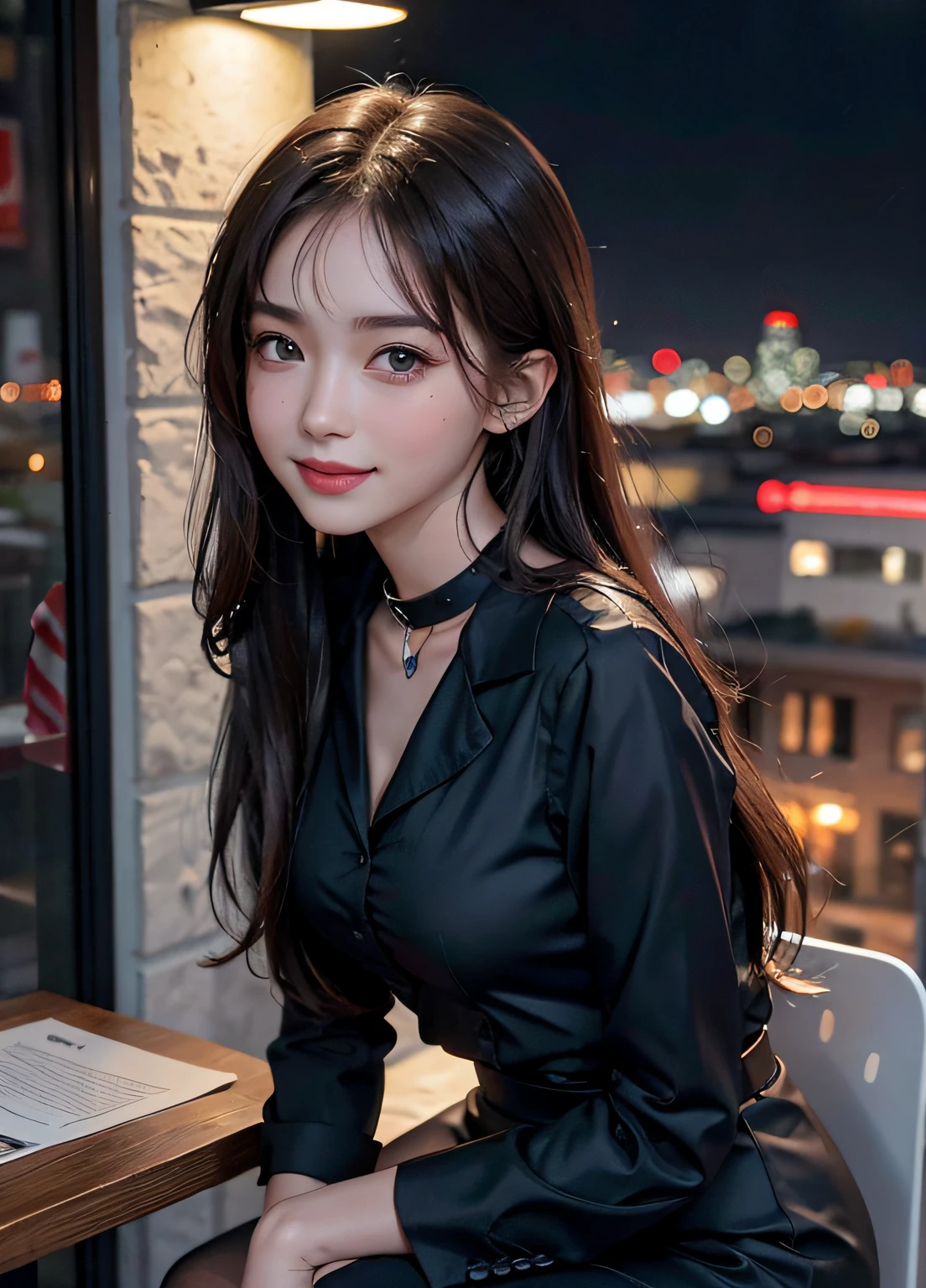 8K, best quality, masterpiece: 1.2) , super details, 1 girl, cute, independent, beautiful details sky, details cafe, night, sit down, date, (nose red) , sweet smile, (Smile: 1.15) , (shut up) small breasts, small beautiful details eyes, Turkish, (collar shirt: 1.1) , black and white business attire, night, wet, business dress, rain, long hair, brunette, flowing hair, NovaFrog style, cat,