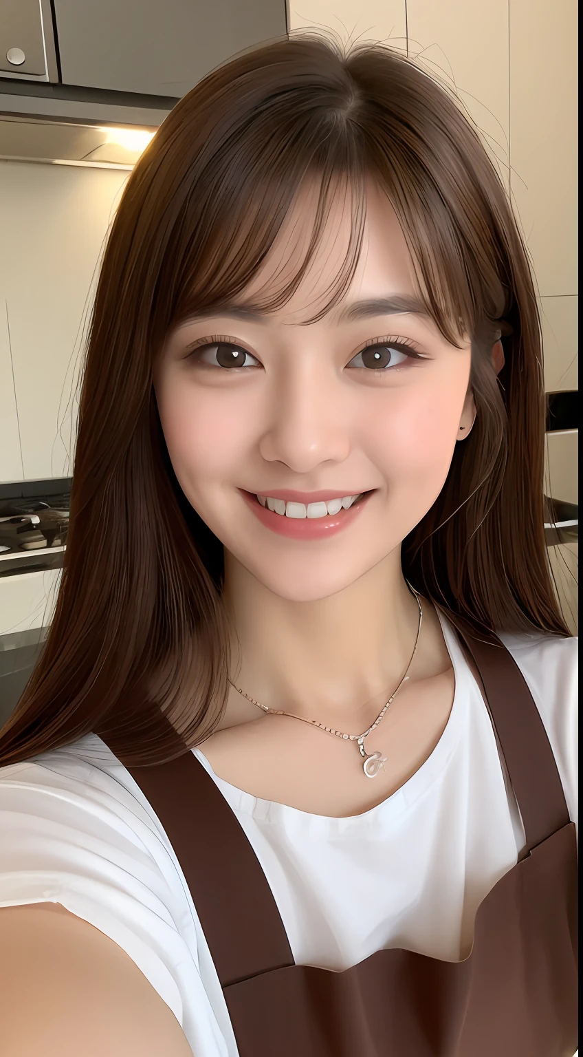 (Best quality, 8k, masterpiece: 1.3), a beautiful woman with perfect figure: 1.4, dark brown hair, wearing a pendant, wearing an apron, in the kitchen, highly detailed face and skin, detailed eyes, double eyelids, big breasts, smile