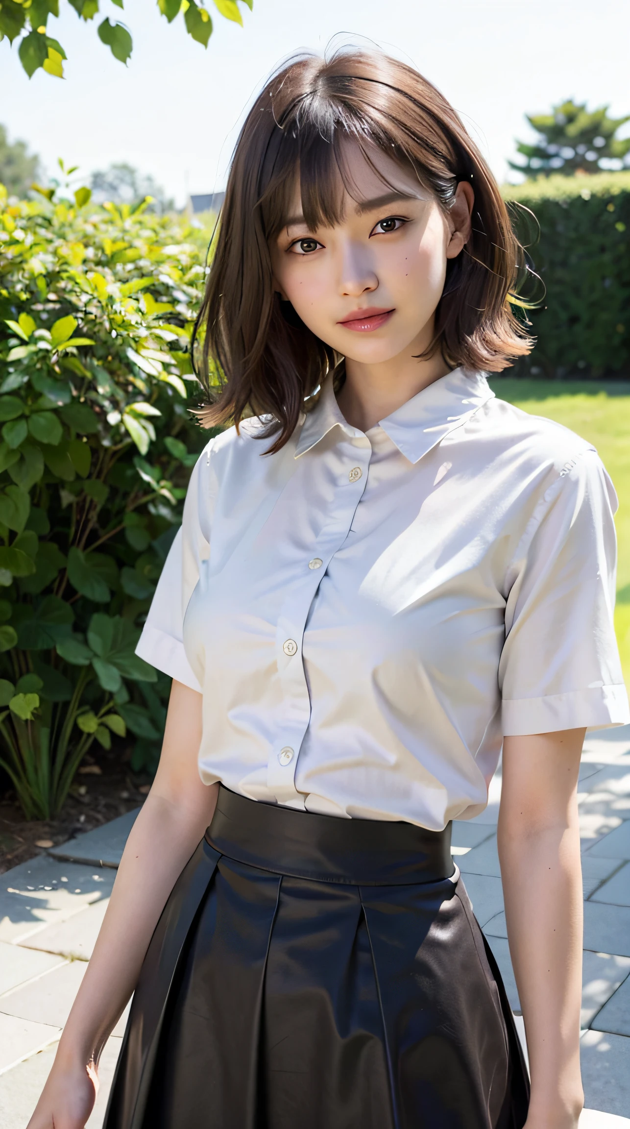 (Raw photo, Best Quality), (Realistic, Photorealsitic:1.3), masutepiece, Extremely delicate and beautiful, Soft light, (Brown hair, Short hair swaying in the wind, Bangs), Beautiful detailed girl, (Detailed fingers), extremely detailed eye and face, beautiful detailed nose, Beautiful detailed eyes, 1 girl, Japanese, Neat and clean beauty, Cute, 年轻, Smile, Silk Collar Shirt, Long flared skirt, (Half body:1.3), (medium breasts), Realistic face, Realistic body, Outdoors