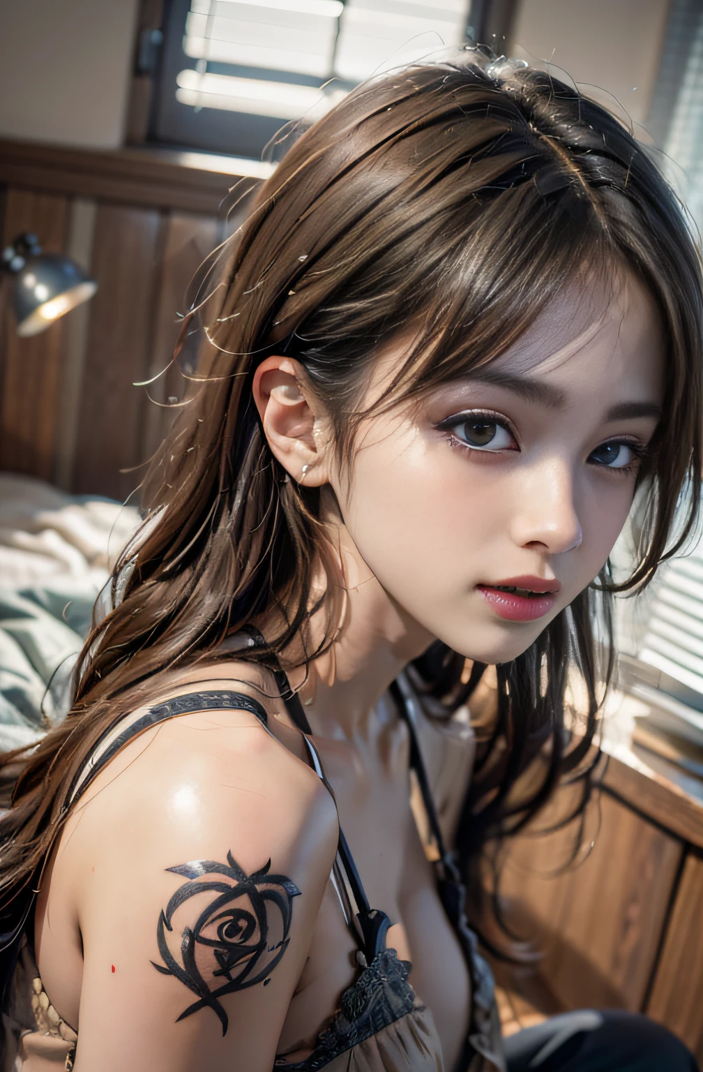A high resolution、Highest image quality、illustratio、Cinematic lighting、hyper-detailed face、(finely quality eyes)、Best picture quality、Hyper-detailing、tmasterpiece、(Beautiful faces)、1girll、Kizi、whaite hair、Purple eye、highest details、Glowing eyes、Moderate breathing、sit on a bed、sitted、Beds、janelas、nigh sky、The light from the back window is backlighted、(hight contrast)、(a color),