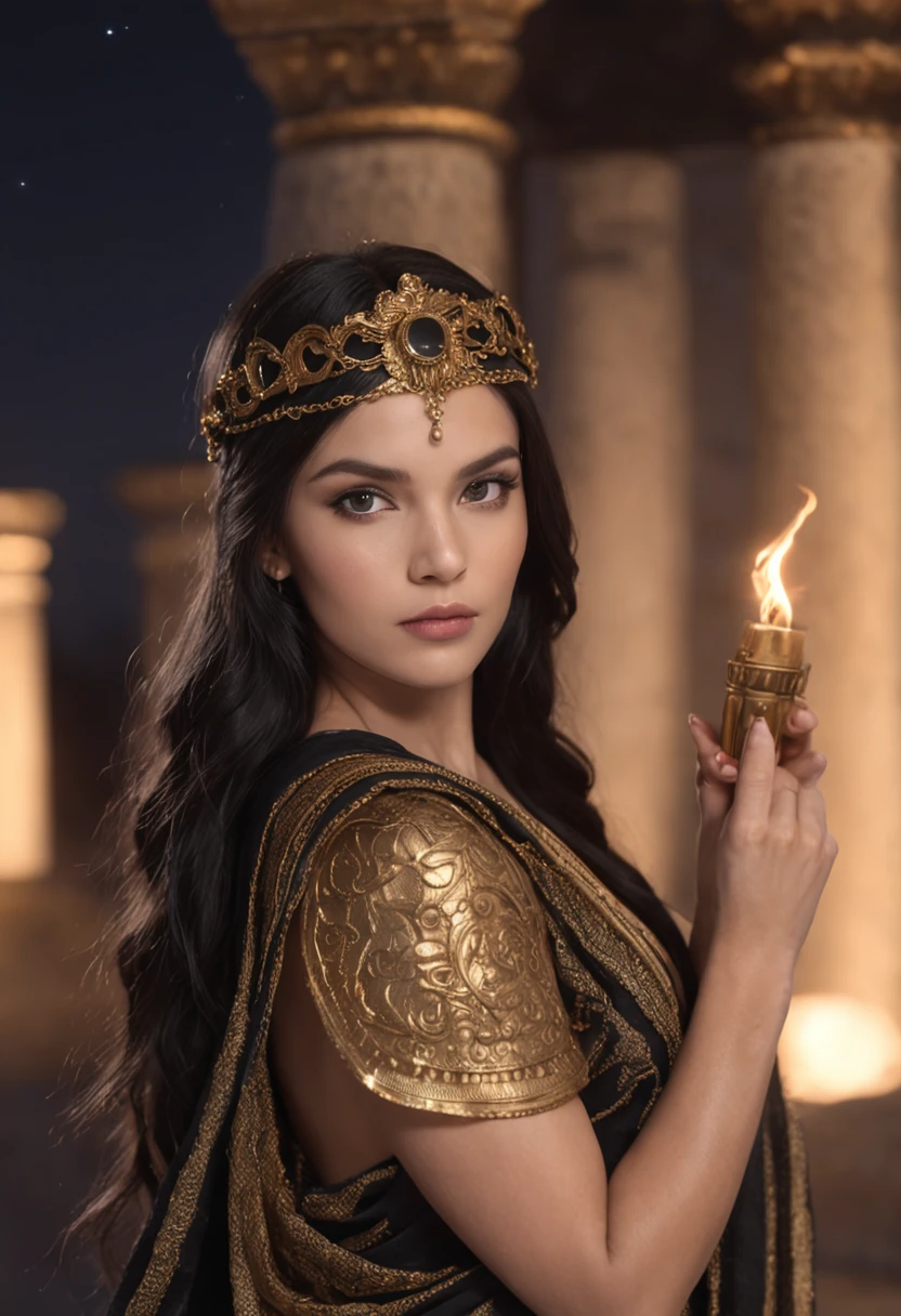 goddess of witchcraft and magic, with ((black hair)) and ((dark eyes)), is fair-skinned, wears a ((black)) greek toga with golden pattern, holding a torch, ancient greek temple and stary night sky in background, Greek mythology, mysterious, photorealistic, super high quality, super detail, ultra accurate description of hands, masterpiece, 8K, HDR