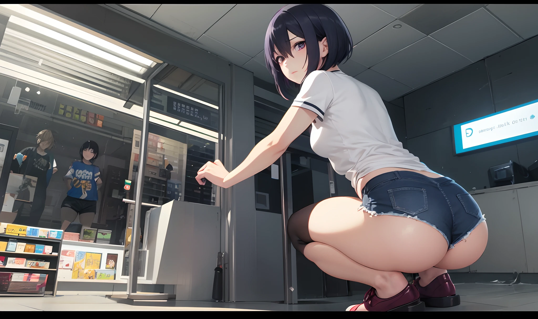anime screencap, city, 1girl, solo, short hair, black hair, purple eyes, looking at the viewer, hair between eyes, lustful, closed mouth, ass, wide hips, short top, short shorts, unbuttoned shorts, squatting, legs apart, erotica, back