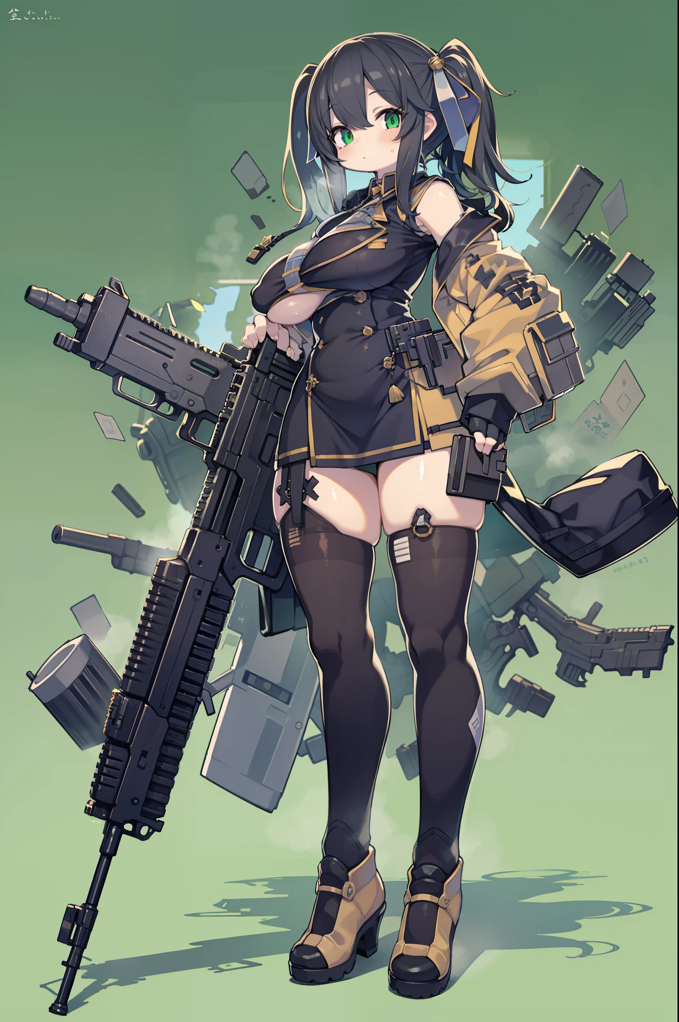 Huge assault rifle、Long sideburns、Anime-style girl with beautiful whole body, clean detailed faces, ciber,analogous colors, Glowing shadows, beautiful gradients, depth of fields, CLEAN IMAGE, High quality,Black Parker Closing、 high detailing, High Definition, blush, Fit, Heavenly Beauty, Very detailed, Soft lighting, Full body,Green＆Black hair,Green eyes、huge-breasted、hold a gun