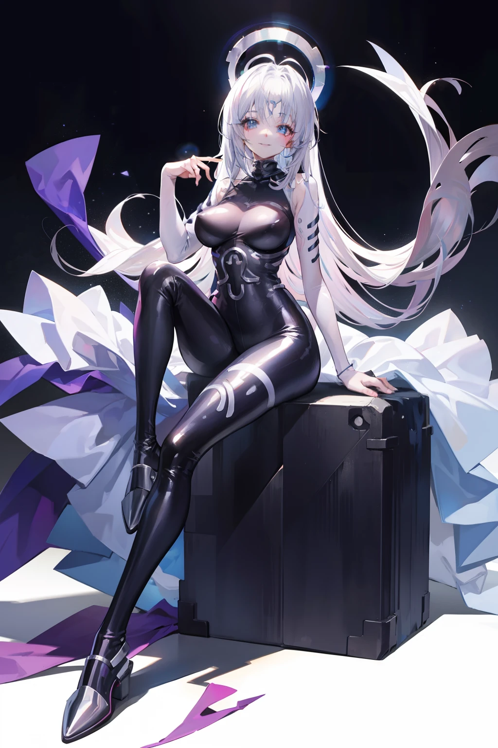 a smile silber hair Long full body suits seductiv succubus Sit up