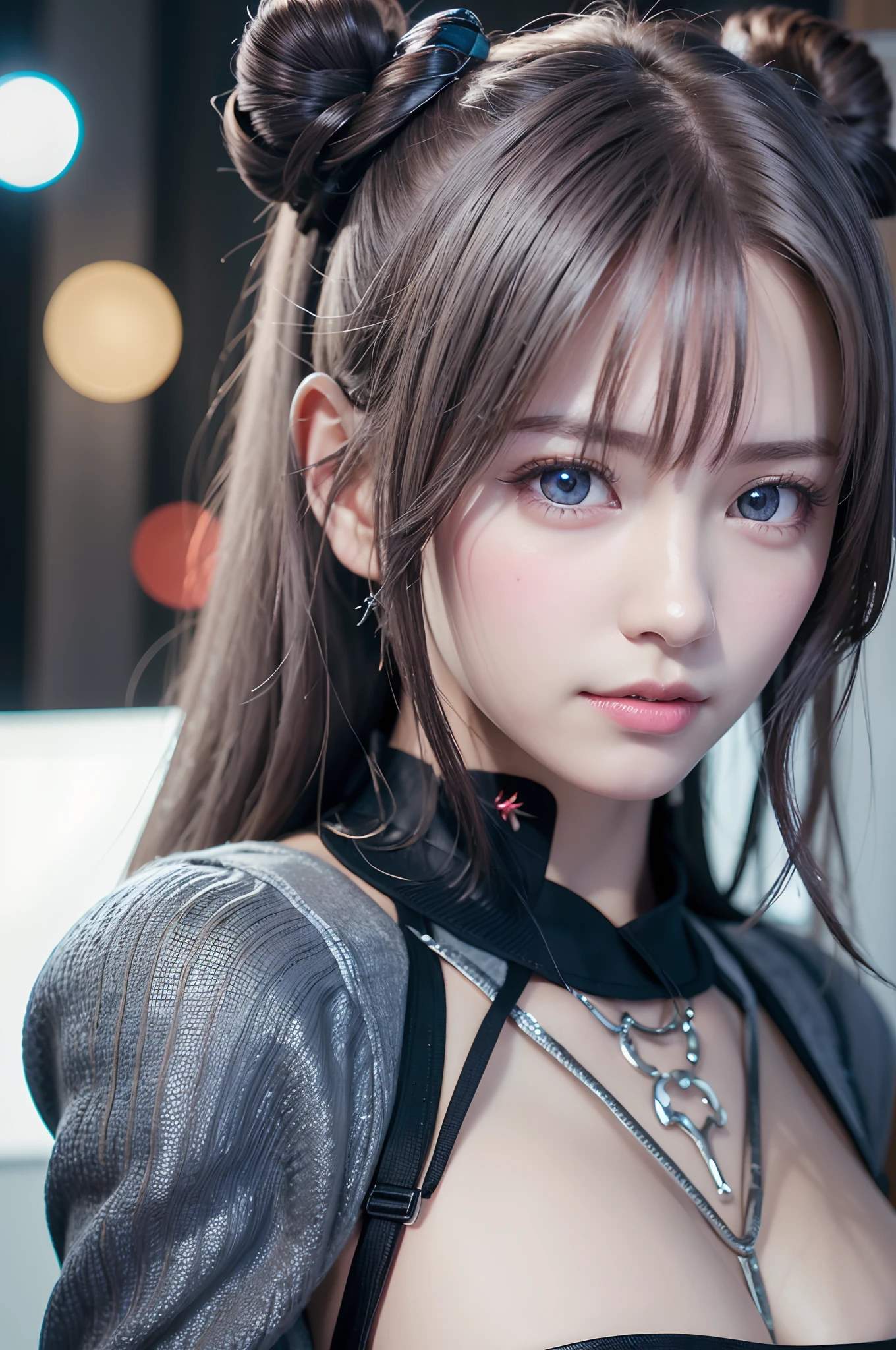 top-quality、8K Masterpiece、超A high resolution、(Photorealsitic:1.3)、Raw photo、女の子1人、silver white hair、glowy skin、1 Cyberpunk Super Beautiful Soldier、((super realistic details))、portlate、globalillumination、Shadow、octan render、8K、ultrasharp、beauty breast、Raw skin is exposed in cleavage、metals、cold color、、highly intricate detail、Realistic light、CGSoation Trends、Beautiful eyes、radiant eyes、Facing the camera、neon details、