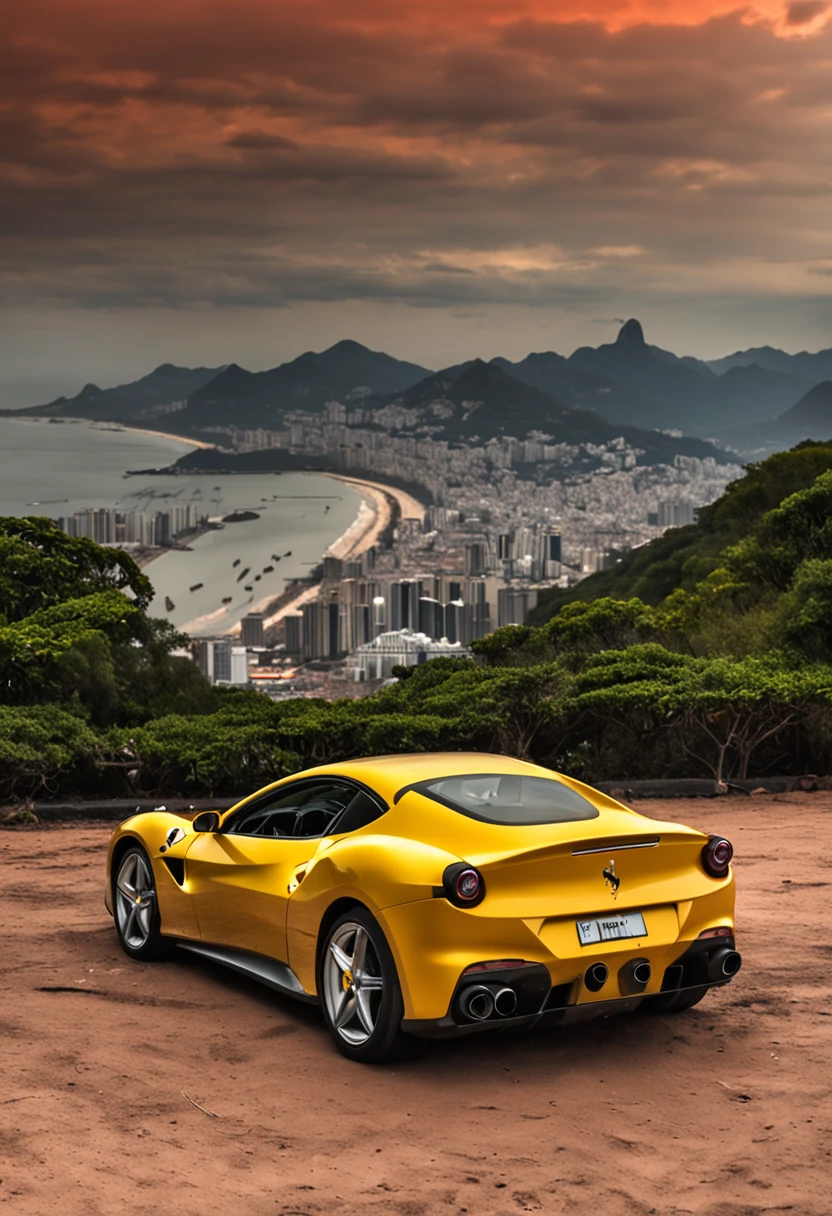 ferrari preta no deserto do saara com uma montanha de fundo, no fundo da imagem o cristo redentor do rio de janeiro. dia chuvoso, nuvens, raios.