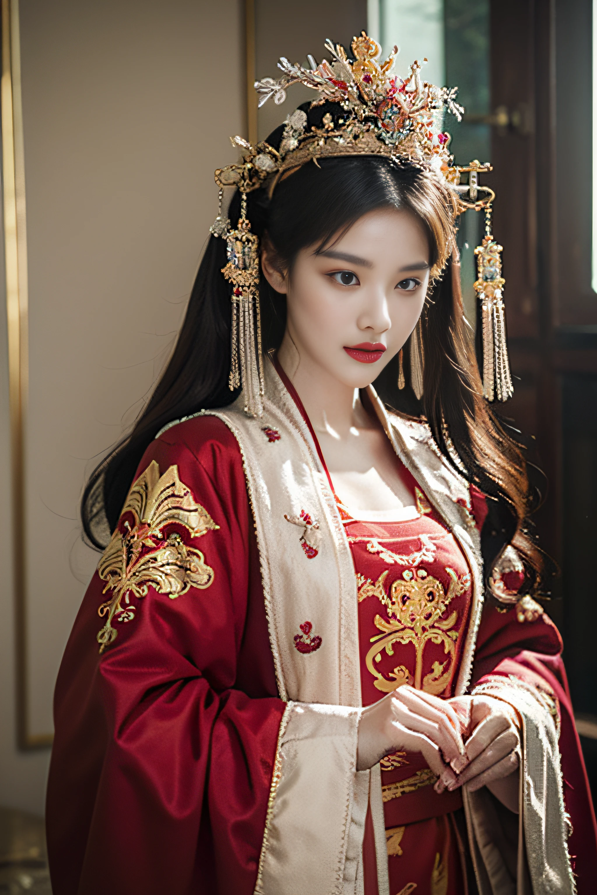 high qulity,ultraclear,(Ultra-realistic 8k CG:1.2),Delicate and beautiful face,Exquisitehands,Full body photo,are standing,A woman in a red and gold dress,Phoenix crown,hair stick,Be red in the face,is shy,black_hair,(forehead dot),chinese_clothes,耳Nipple Ring,hair_ornament,Hanfu,inside in room, jewely,rednails,long_sleeves,reddress,Redlip,nipple tassels,Long legs