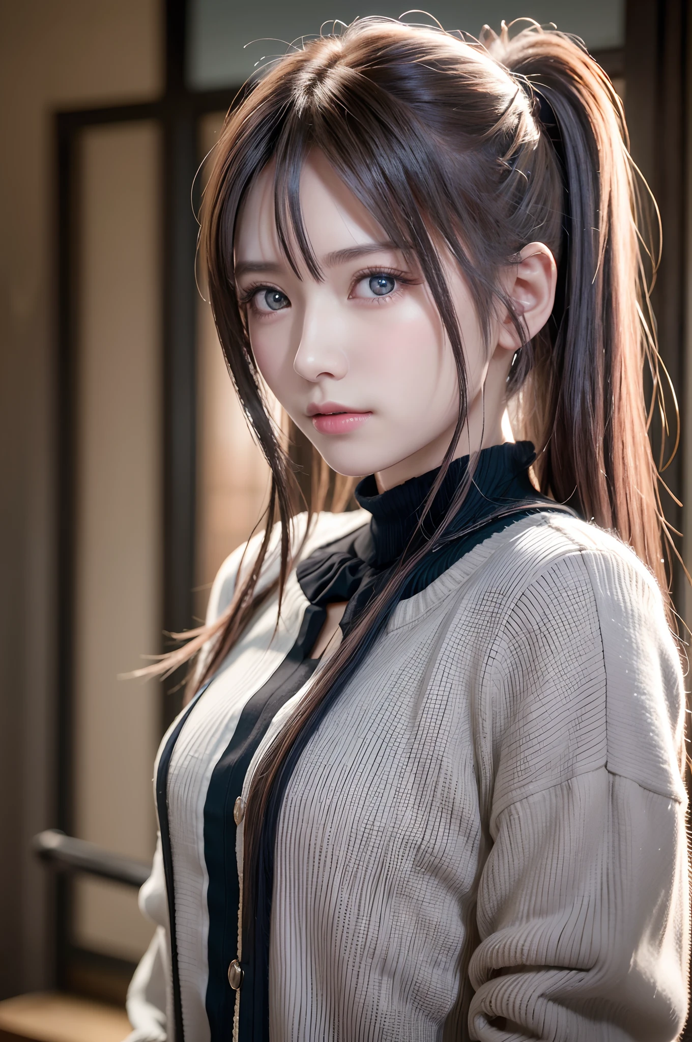 top-quality、8K Masterpiece、超A high resolution、(Photorealsitic:1.3)、Raw photo、女の子1人、silver white hair、poneyTail、glowy skin、1 super beautiful college girl、((super realistic details))、portlate、globalillumination、Shadow、octan render、8K、ultrasharp、highly intricate detail、Realistic light、CGSoation Trends、Beautiful eyes、radiant eyes、Facing the camera、