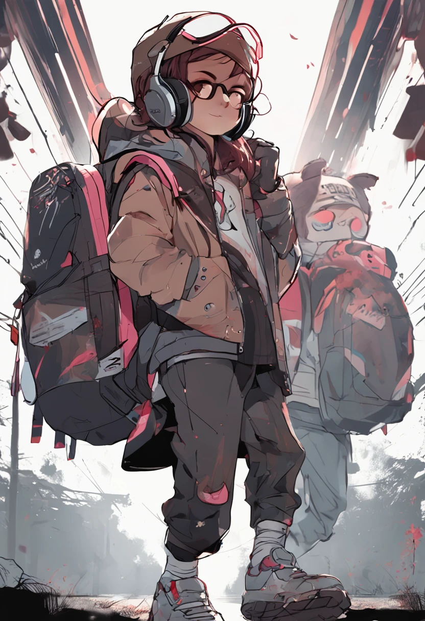 Perfect centering, Cute little bear, Wear a student team jacket, Wearing sunglasses, Wearing headphones, cheerfulness, Standing position, Abstract beauty, Centered, Looking at the camera, Facing the camera, Approaching perfection, Dynamic, Highly detailed,  Smooth, Sharp Focus, 8K, hight resolution, Illustration, art by carne griffiths and wadim kashin, White background